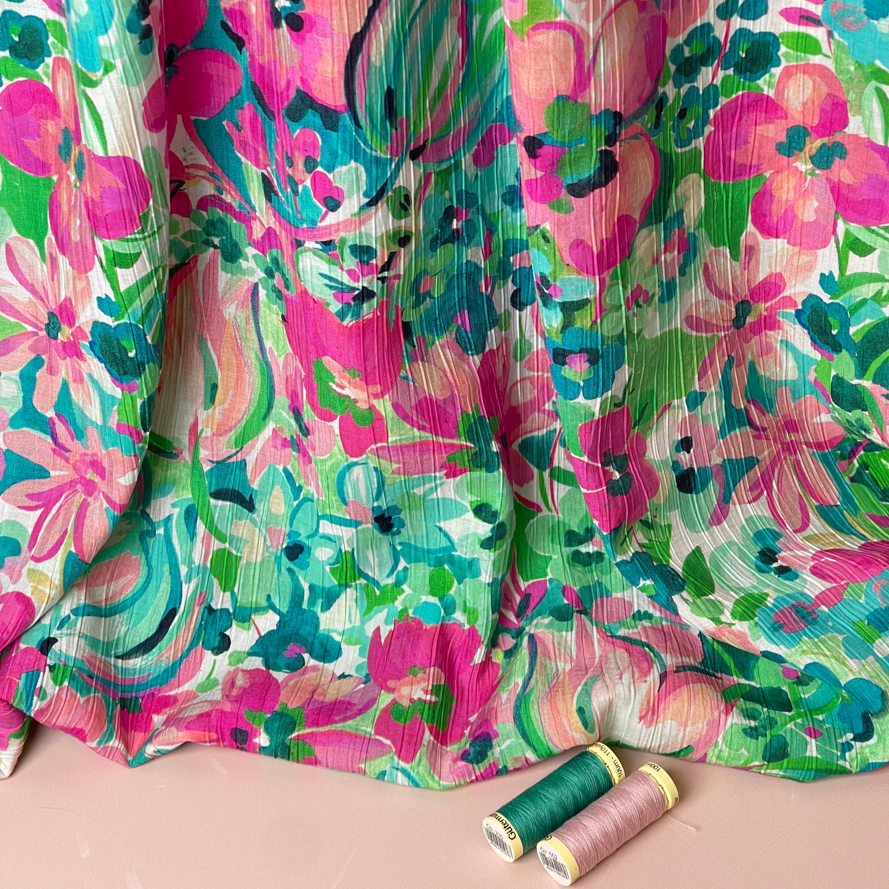 Watercolour Blooms Green & Pink Textured Viscose Fabric