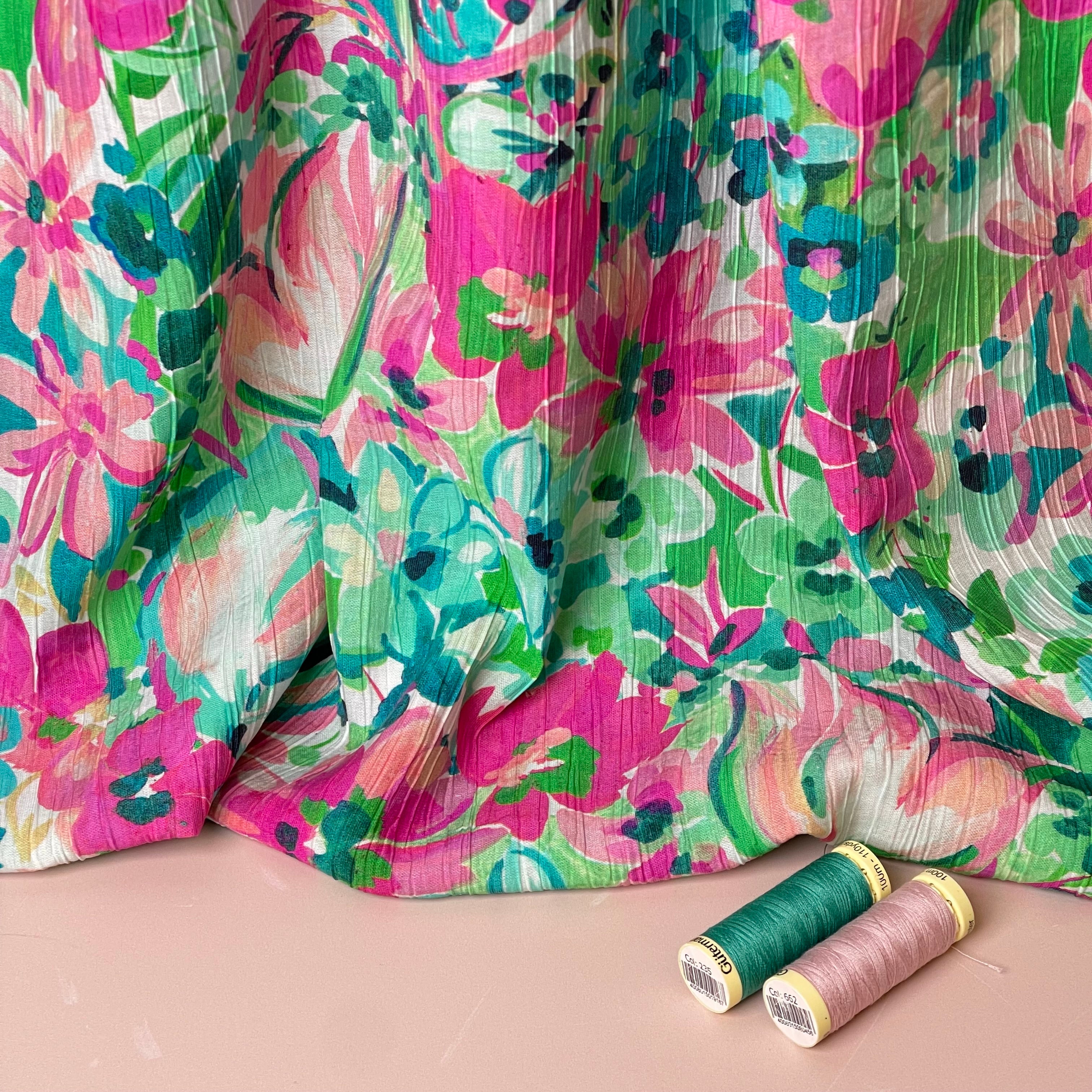Watercolour Blooms Green & Pink Textured Viscose Fabric