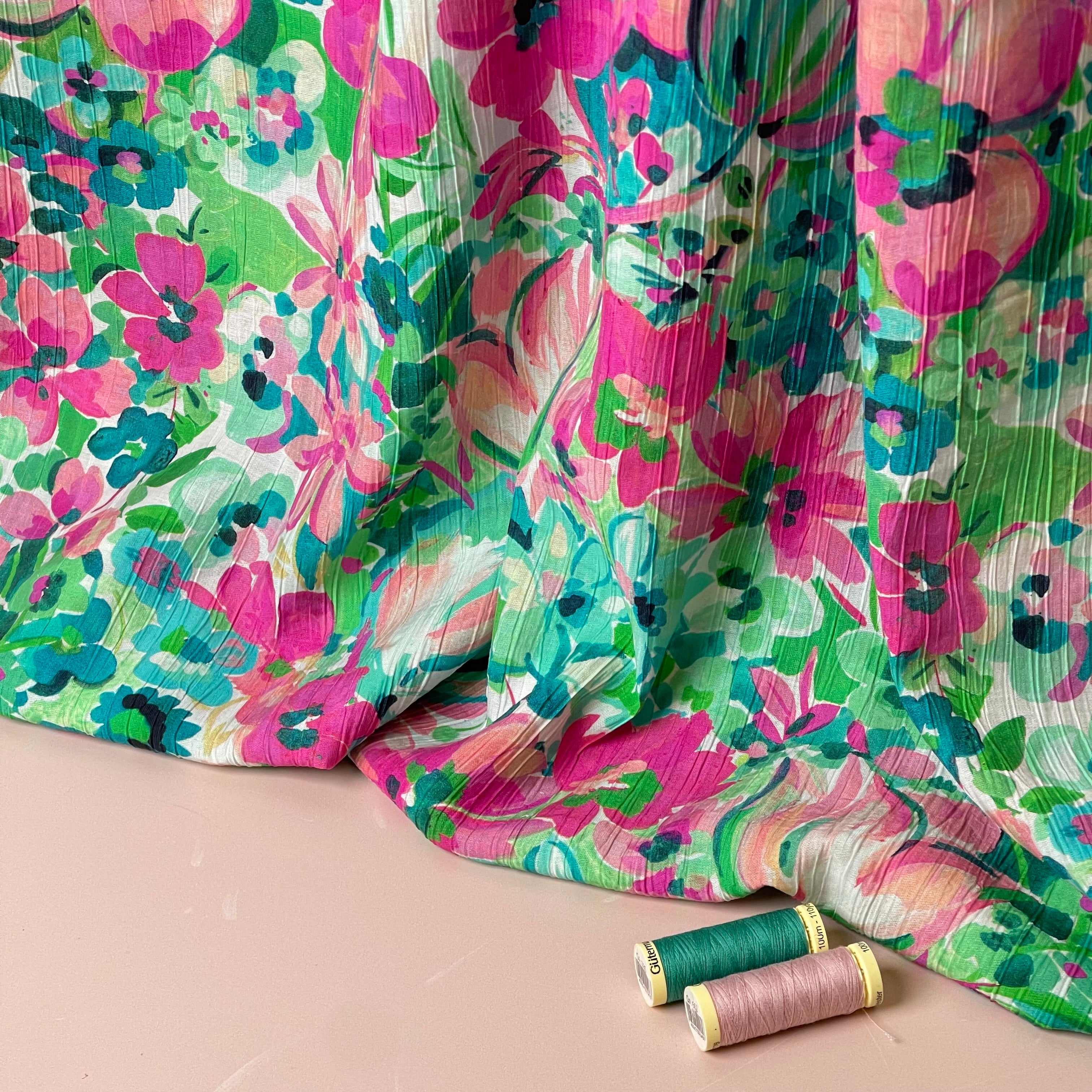 Watercolour Blooms Green & Pink Textured Viscose Fabric