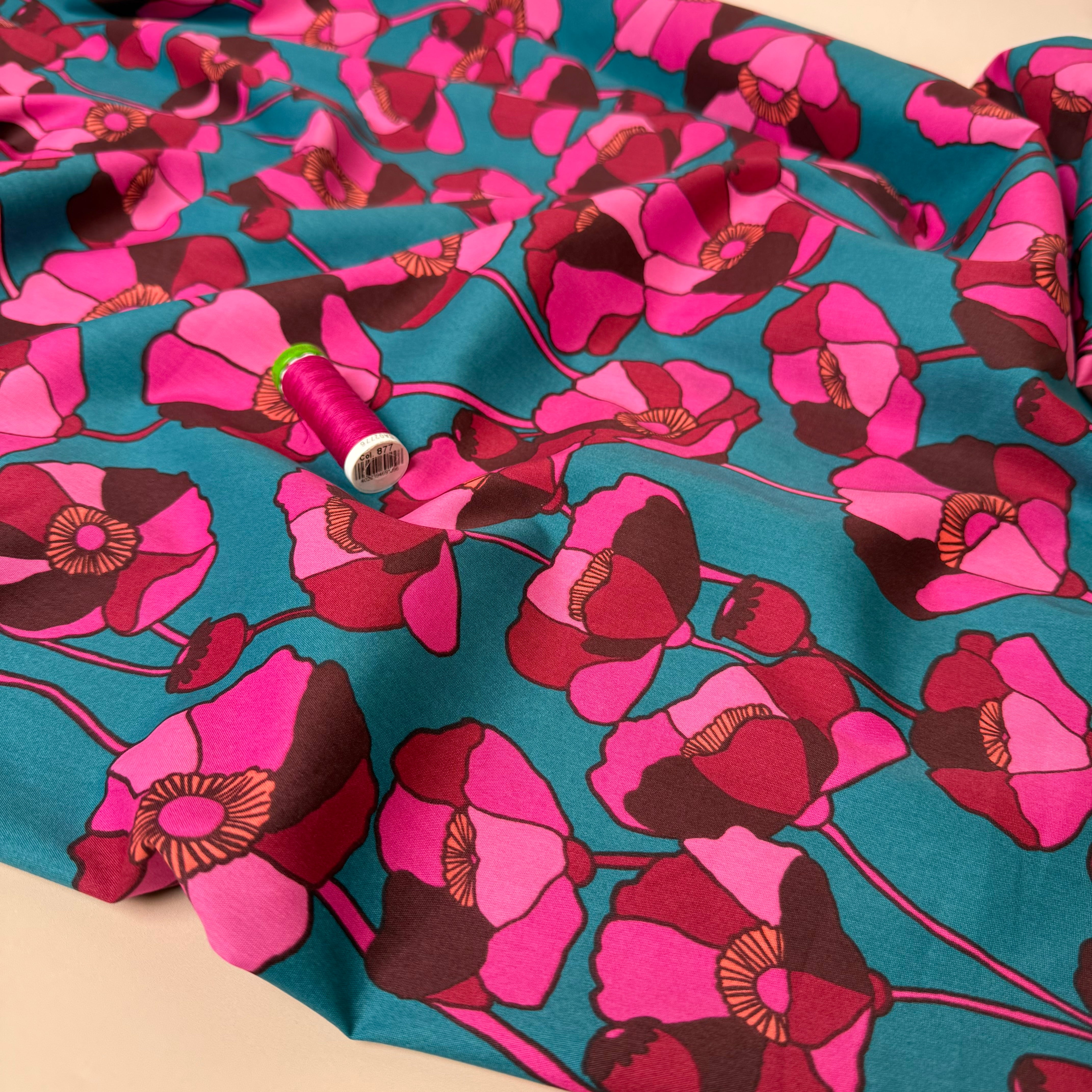 Graphic Poppies on Teal Viscose Cotton Fabric