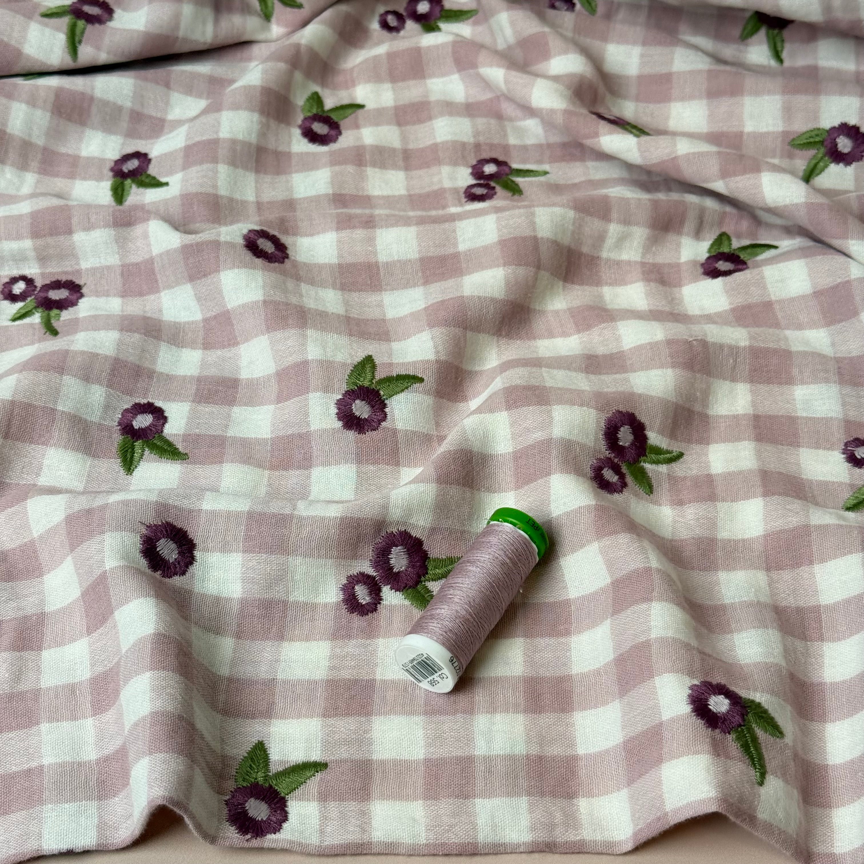 Embroidered Flowers on Gingham Cotton Double Gauze