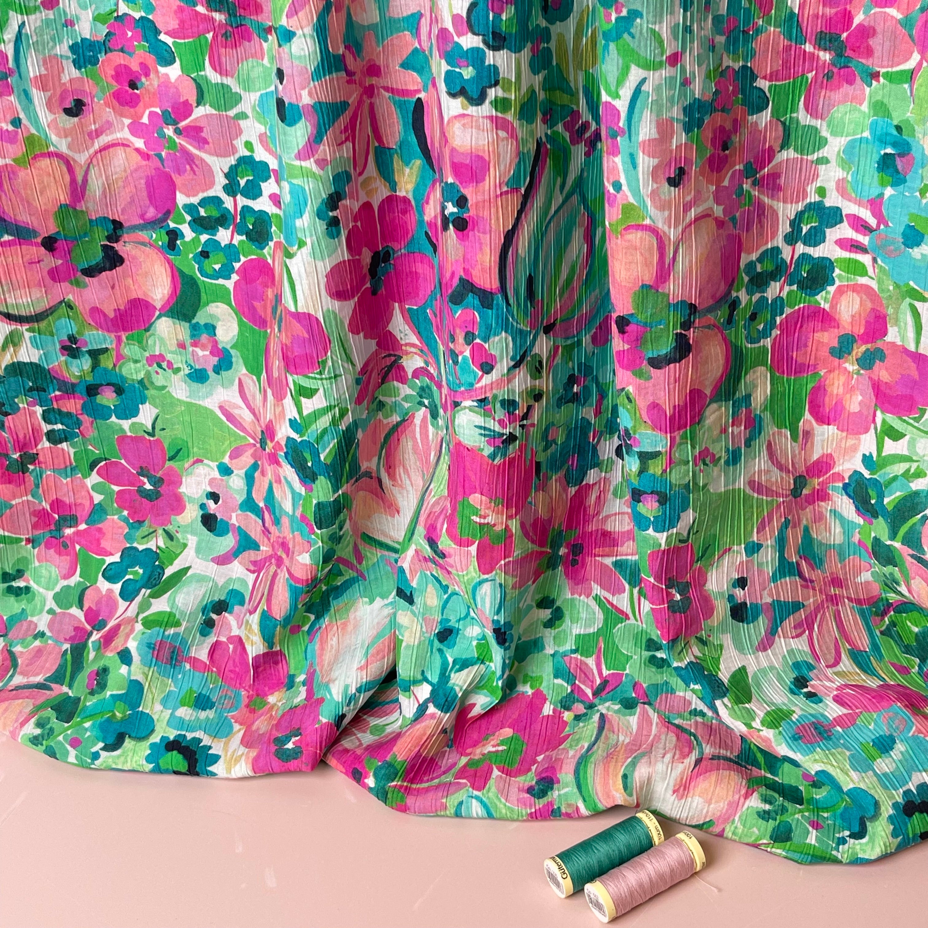 Watercolour Blooms Green & Pink Textured Viscose Fabric