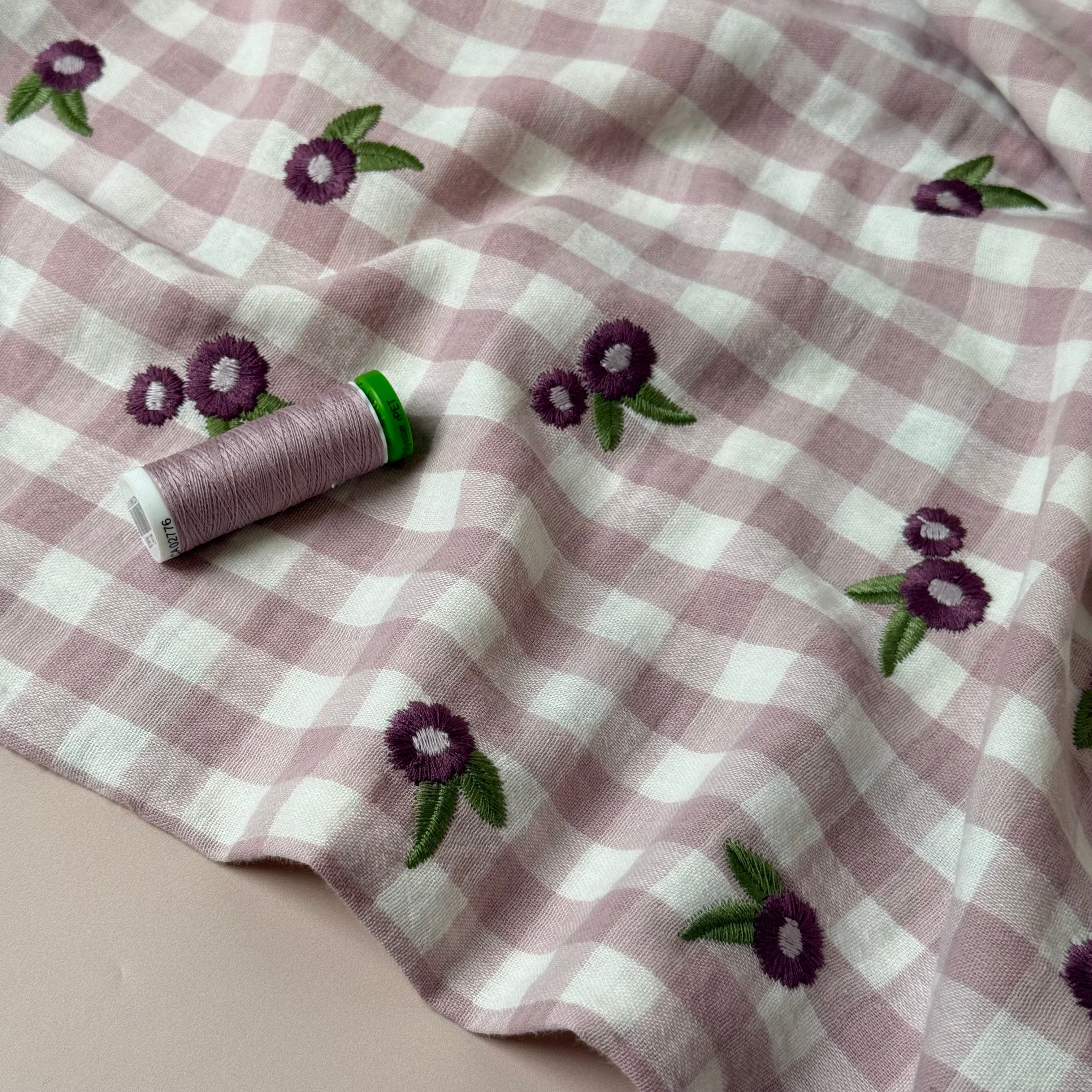 Embroidered Flowers on Gingham Cotton Double Gauze