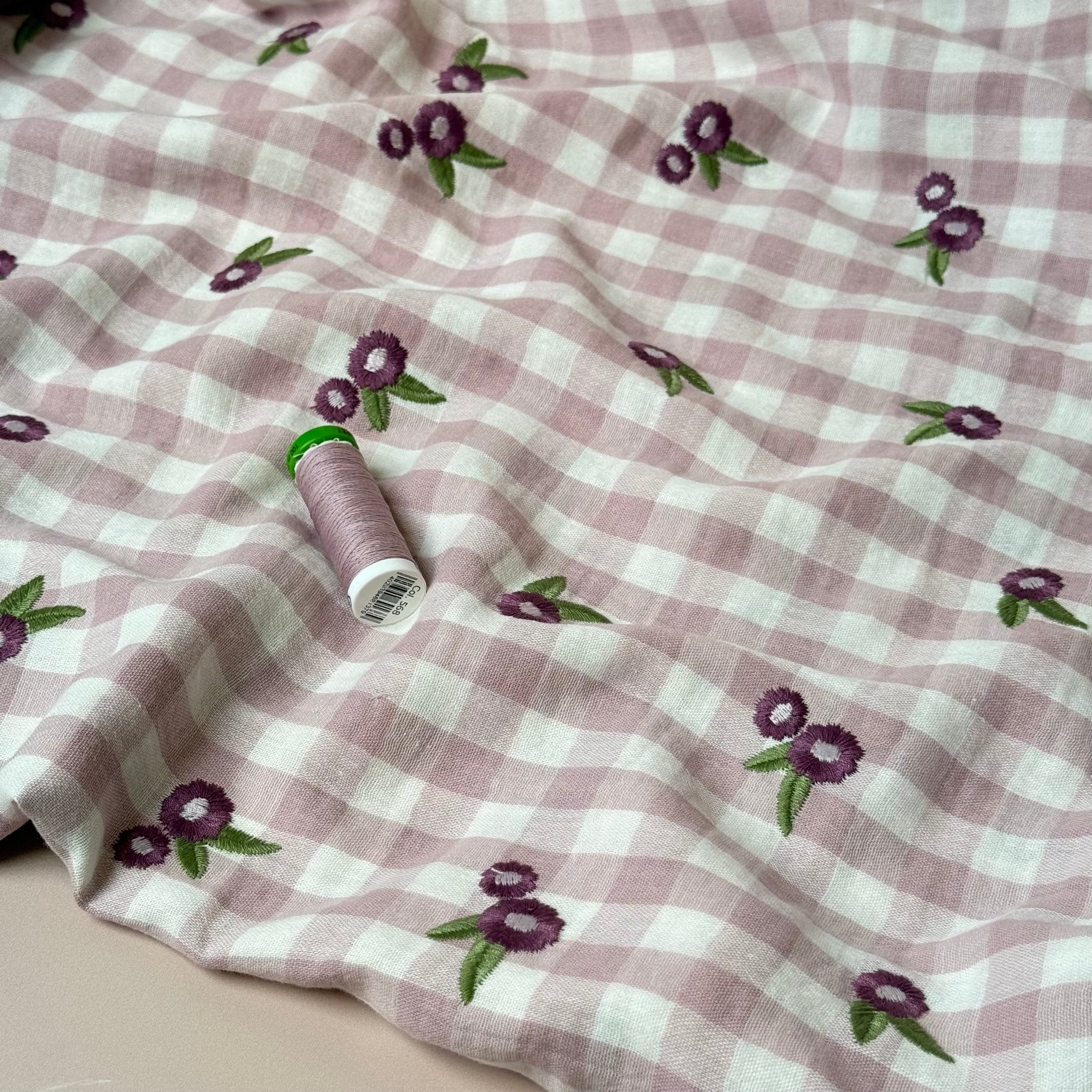 Embroidered Flowers on Gingham Cotton Double Gauze