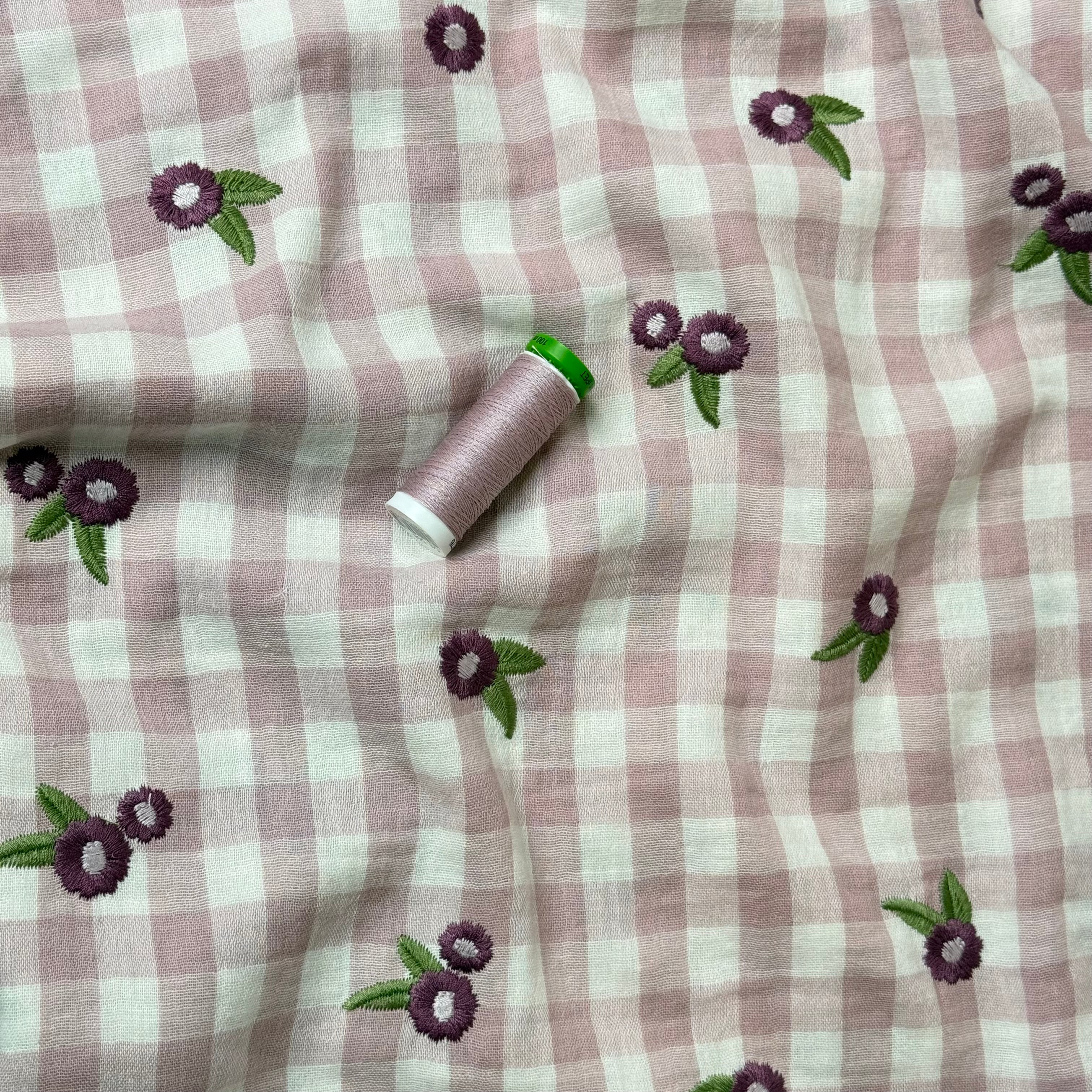 Embroidered Flowers on Gingham Cotton Double Gauze