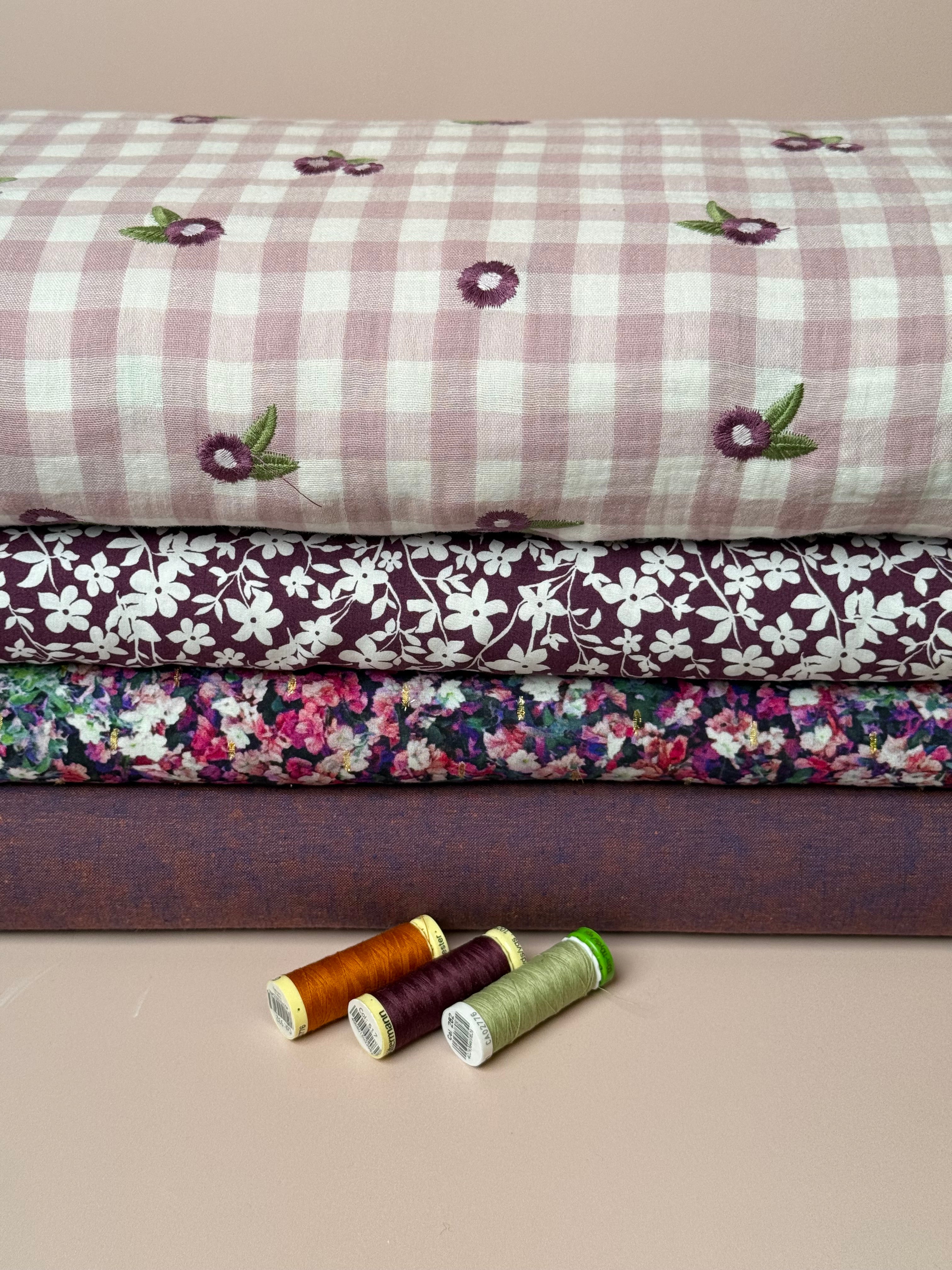 Embroidered Flowers on Gingham Cotton Double Gauze