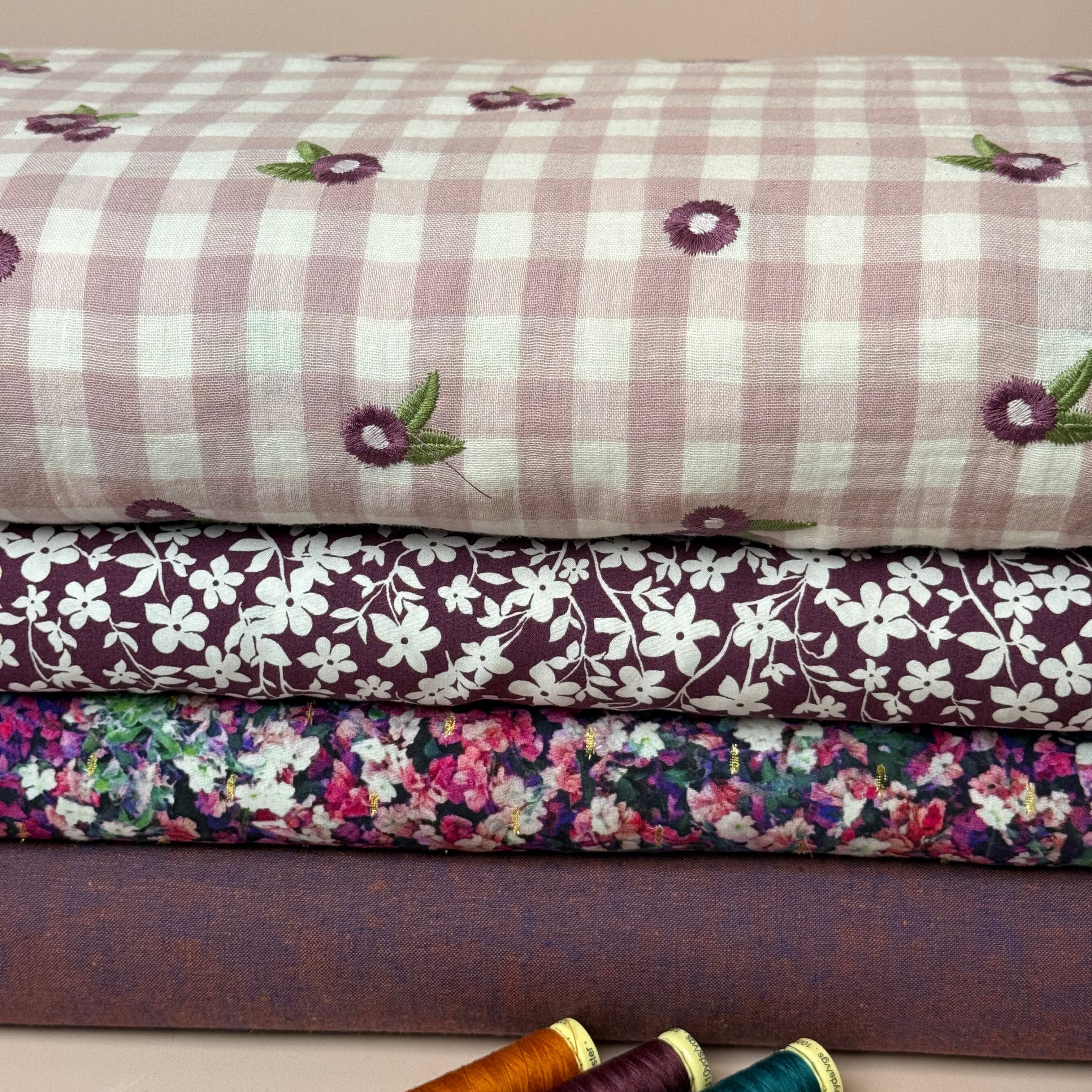 Embroidered Flowers on Gingham Cotton Double Gauze