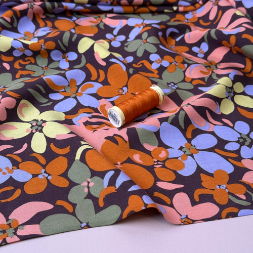 Graphic Floral Field Brown Viscose Fabric