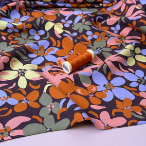Graphic Floral Field Brown Viscose Fabric