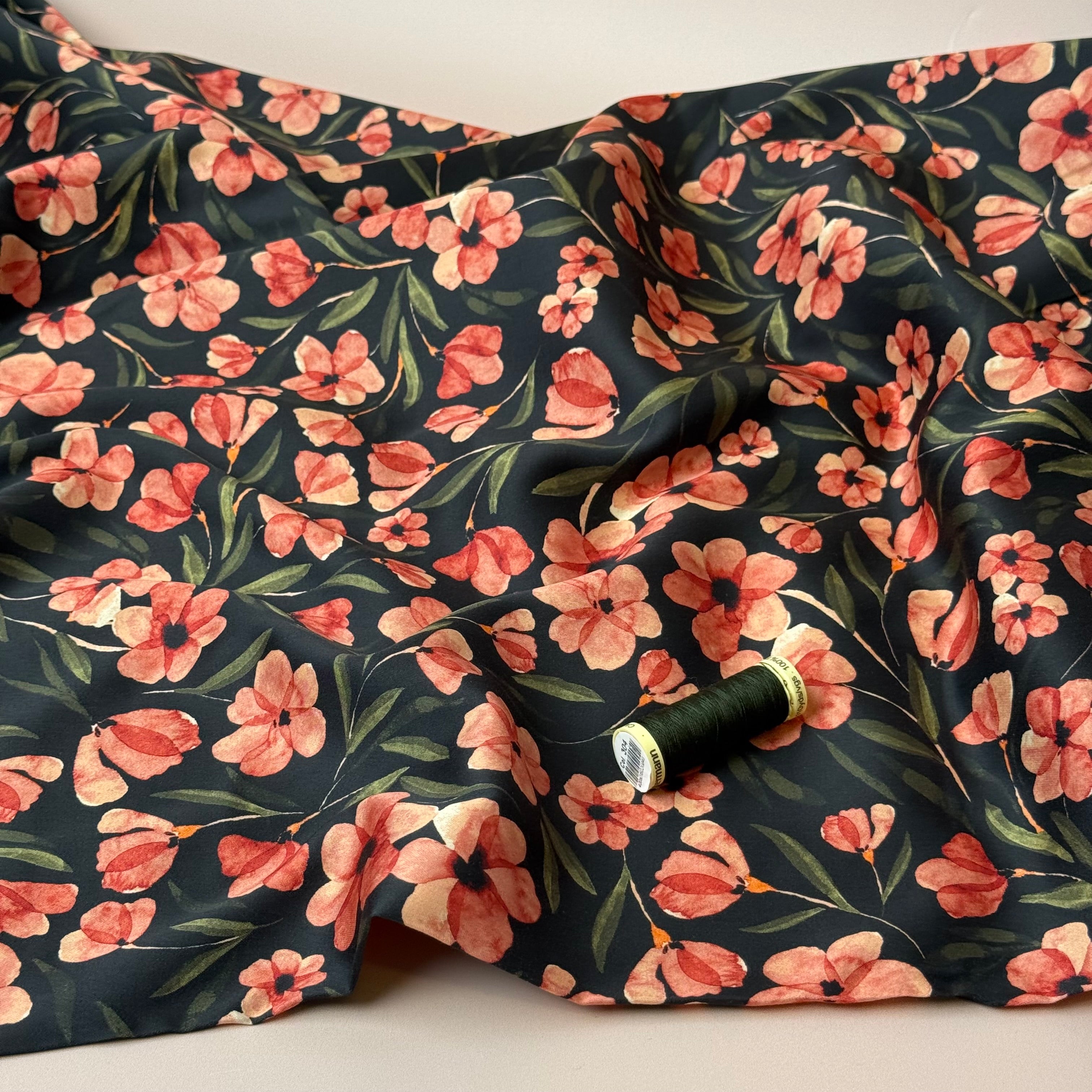 Autumn Flowers in Midnight Cotton Sateen Fabric