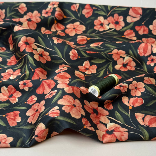Autumn Flowers in Midnight Cotton Sateen Fabric