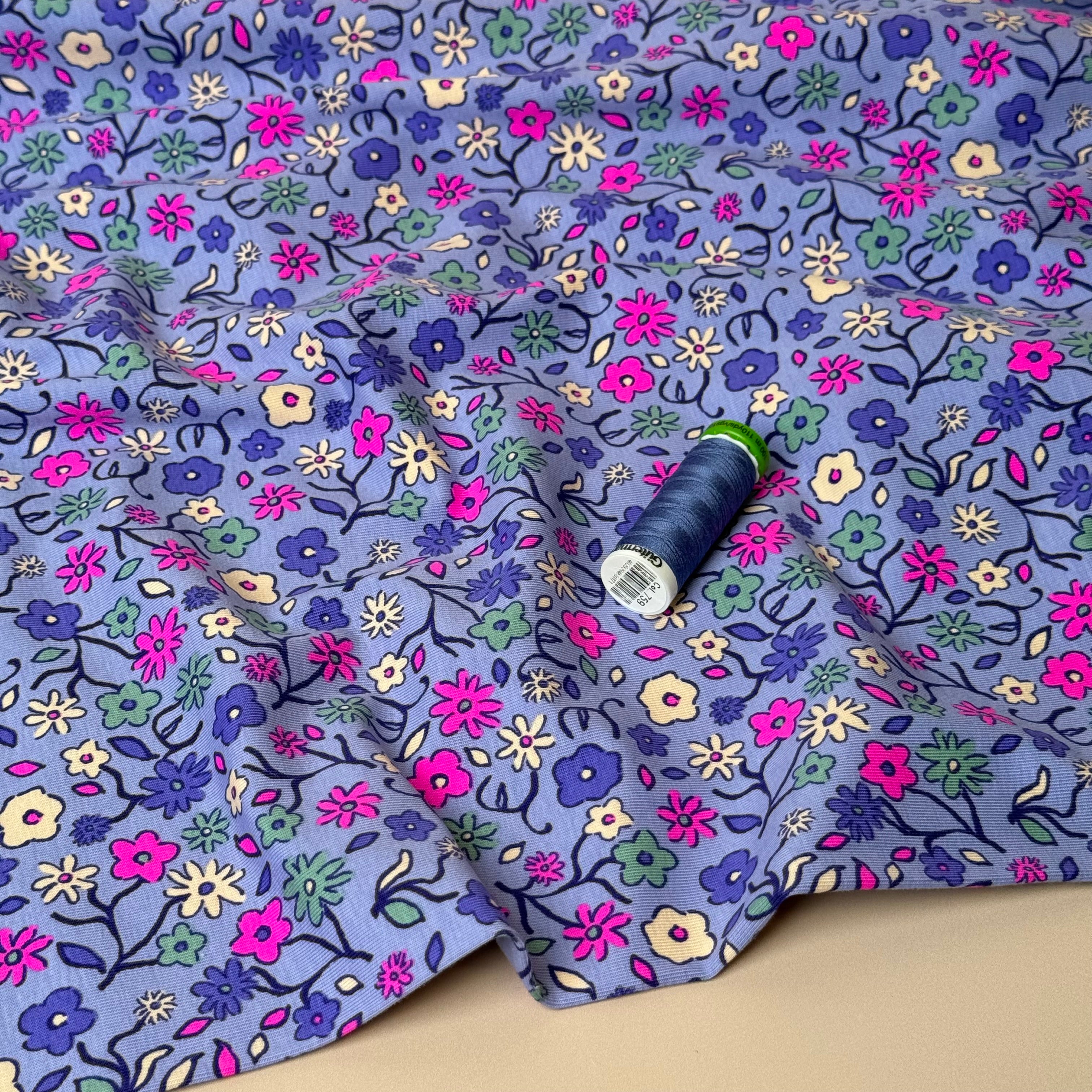 Neon Ditsy Florals Purple Cotton Jersey