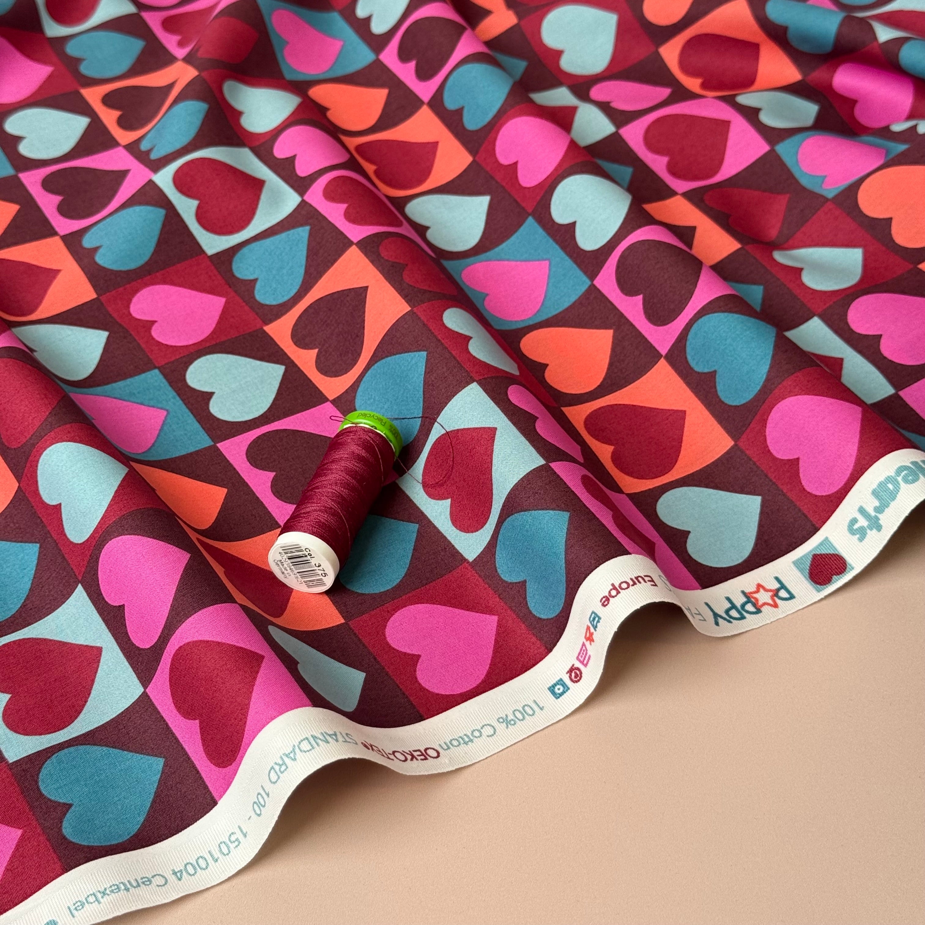 Hearts on Mahogany Cotton Poplin Fabric