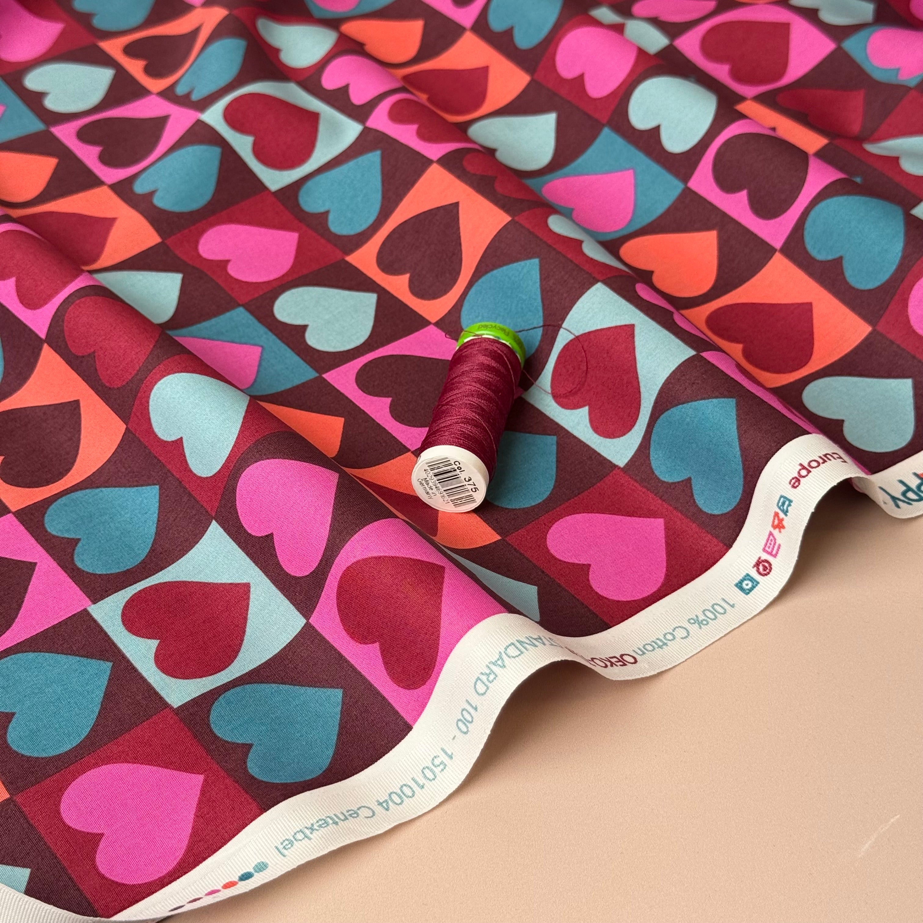 Hearts on Mahogany Cotton Poplin Fabric