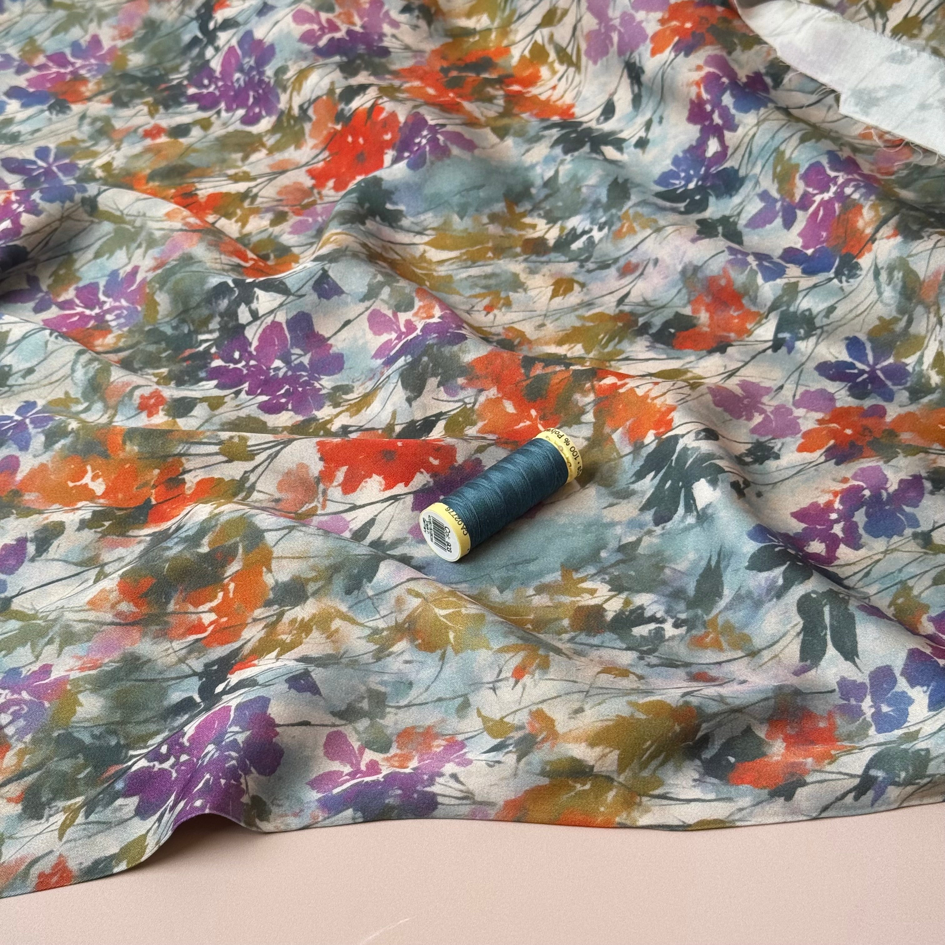 Hazy Autumn Flowers Viscose Sateen Fabric