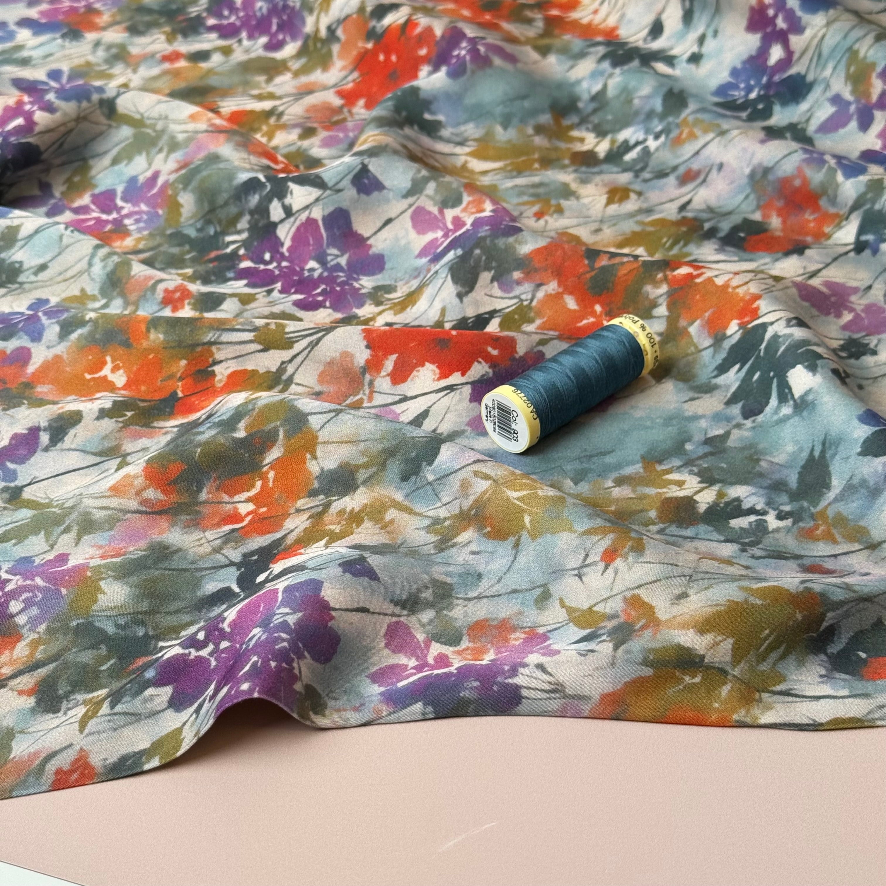 Hazy Autumn Flowers Viscose Sateen Fabric