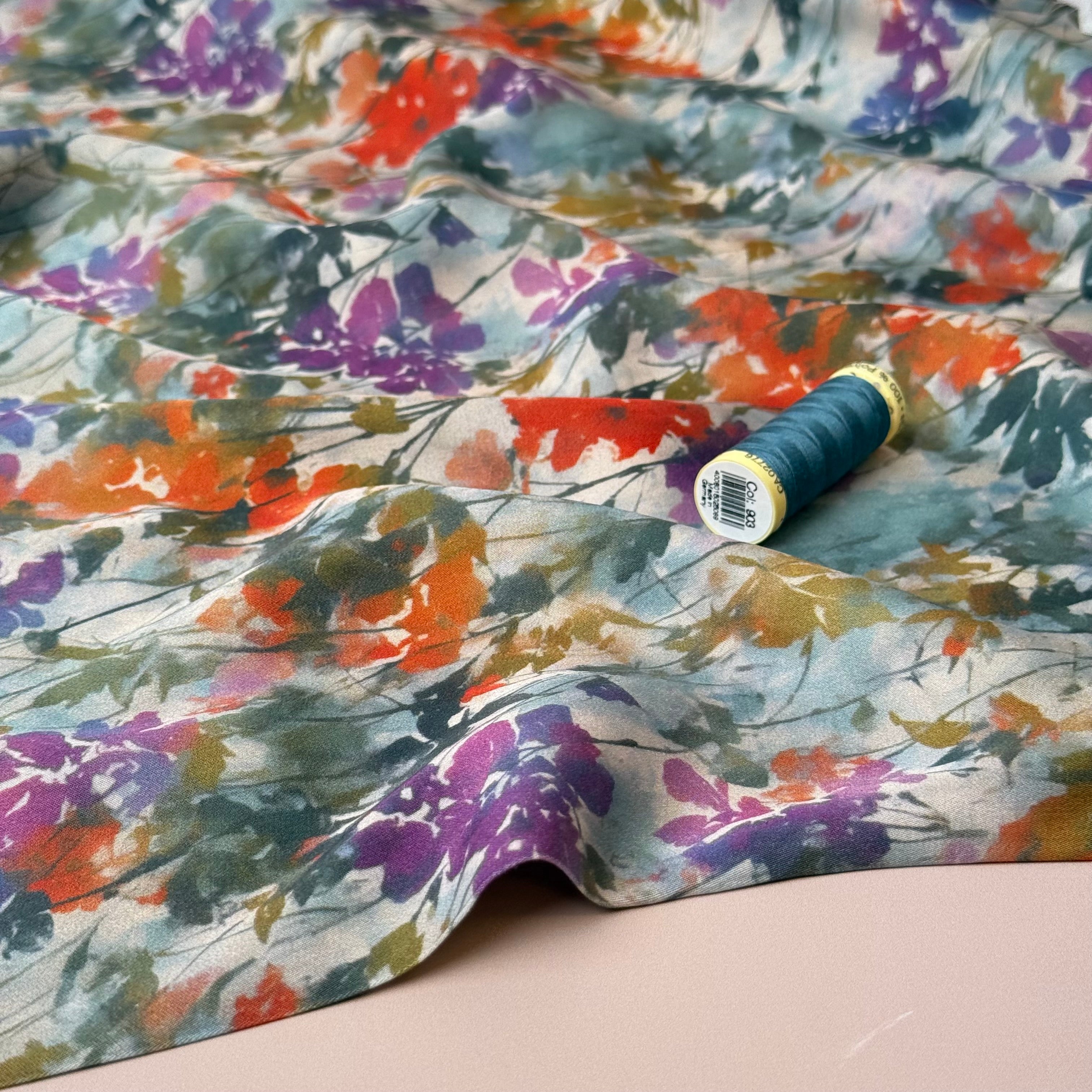Hazy Autumn Flowers Viscose Sateen Fabric