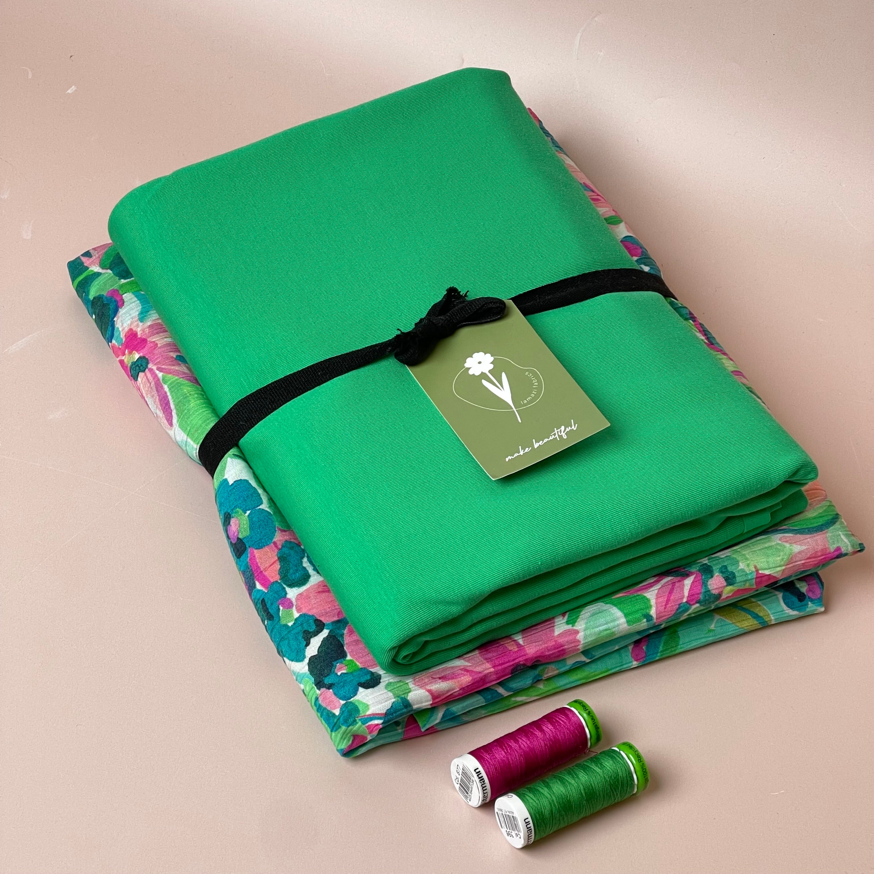 Make an Outfit Colour Bundle - Watercolour Blooms Green Viscose & Green Cotton Jersey