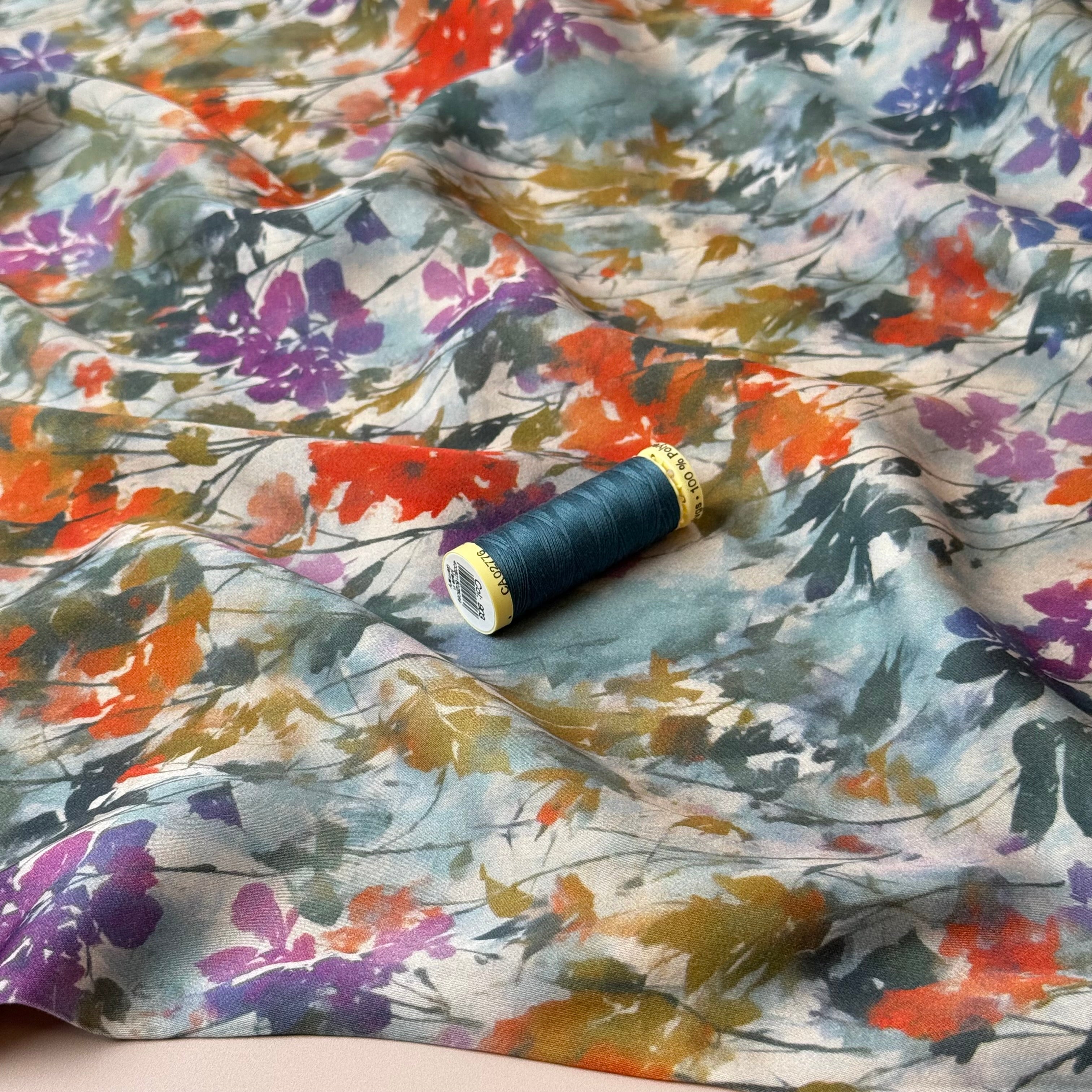 Hazy Autumn Flowers Viscose Sateen Fabric