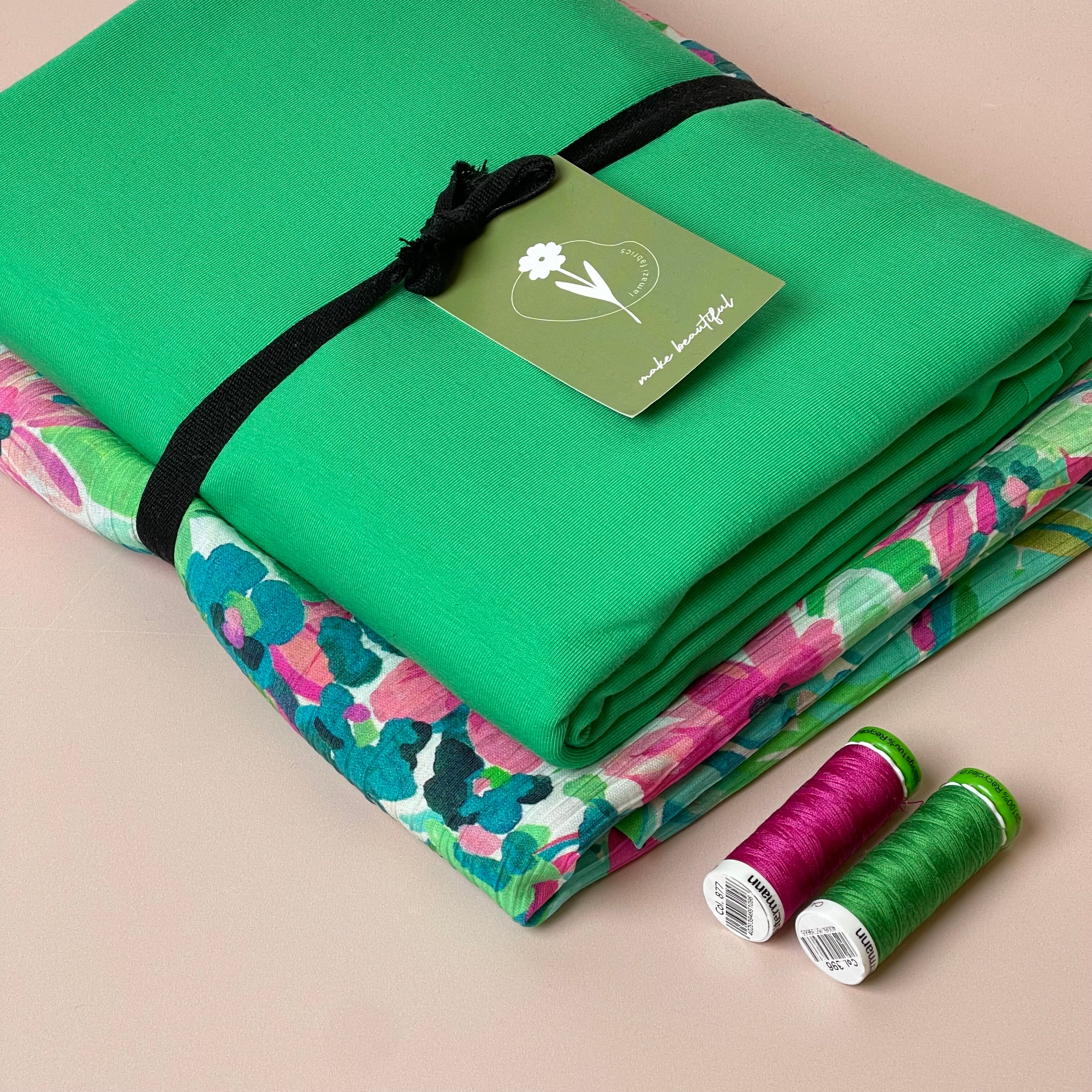 Make an Outfit Colour Bundle - Watercolour Blooms Green Viscose & Green Cotton Jersey