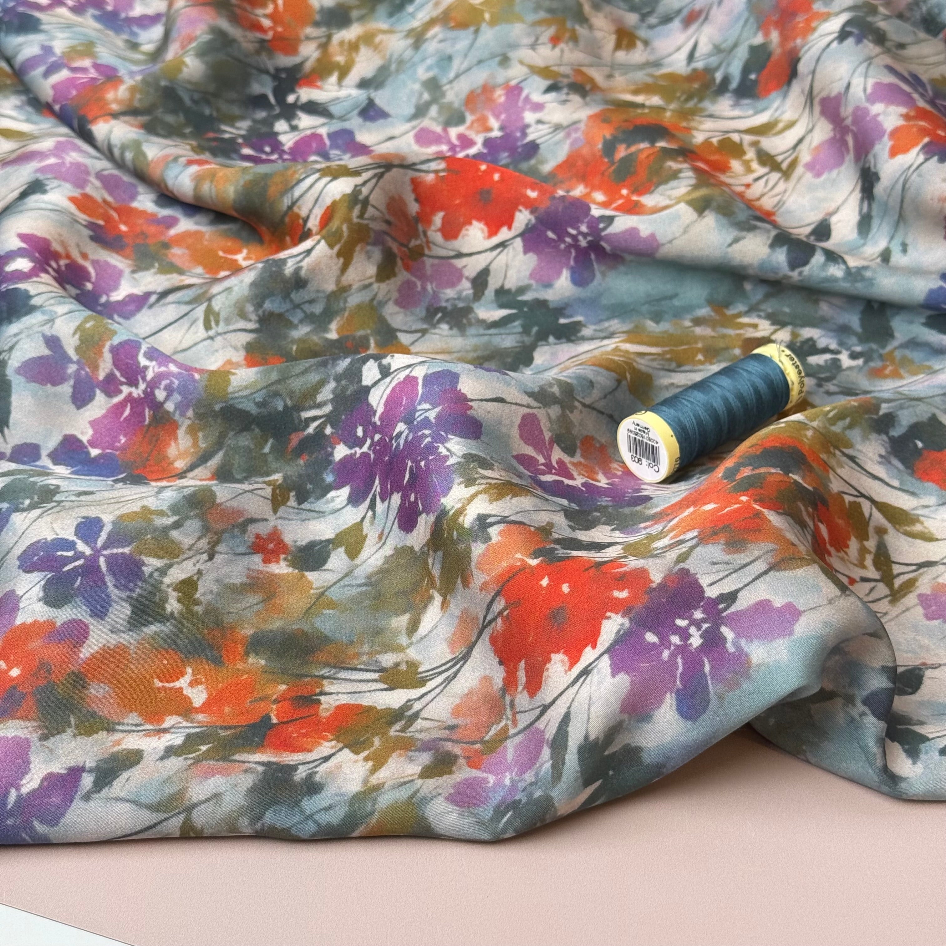 Hazy Autumn Flowers Viscose Sateen Fabric