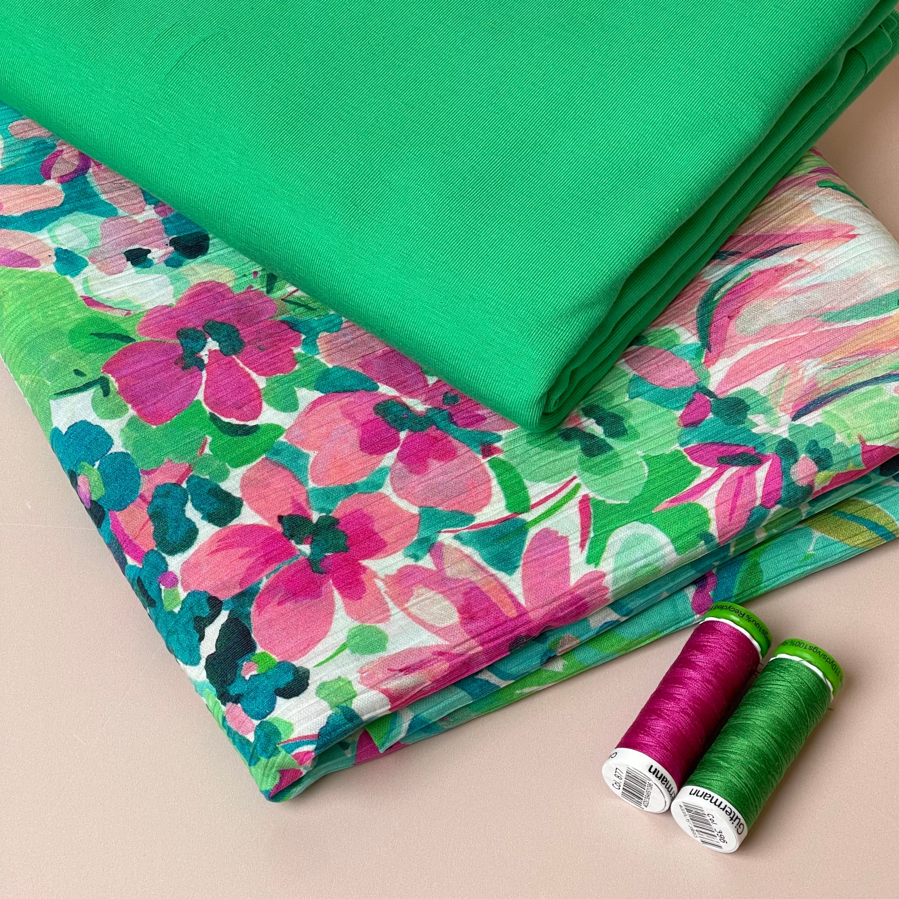 Make an Outfit Colour Bundle - Watercolour Blooms Green Viscose & Green Cotton Jersey