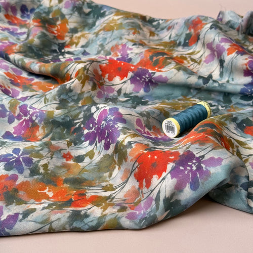 Hazy Autumn Flowers Viscose Sateen Fabric