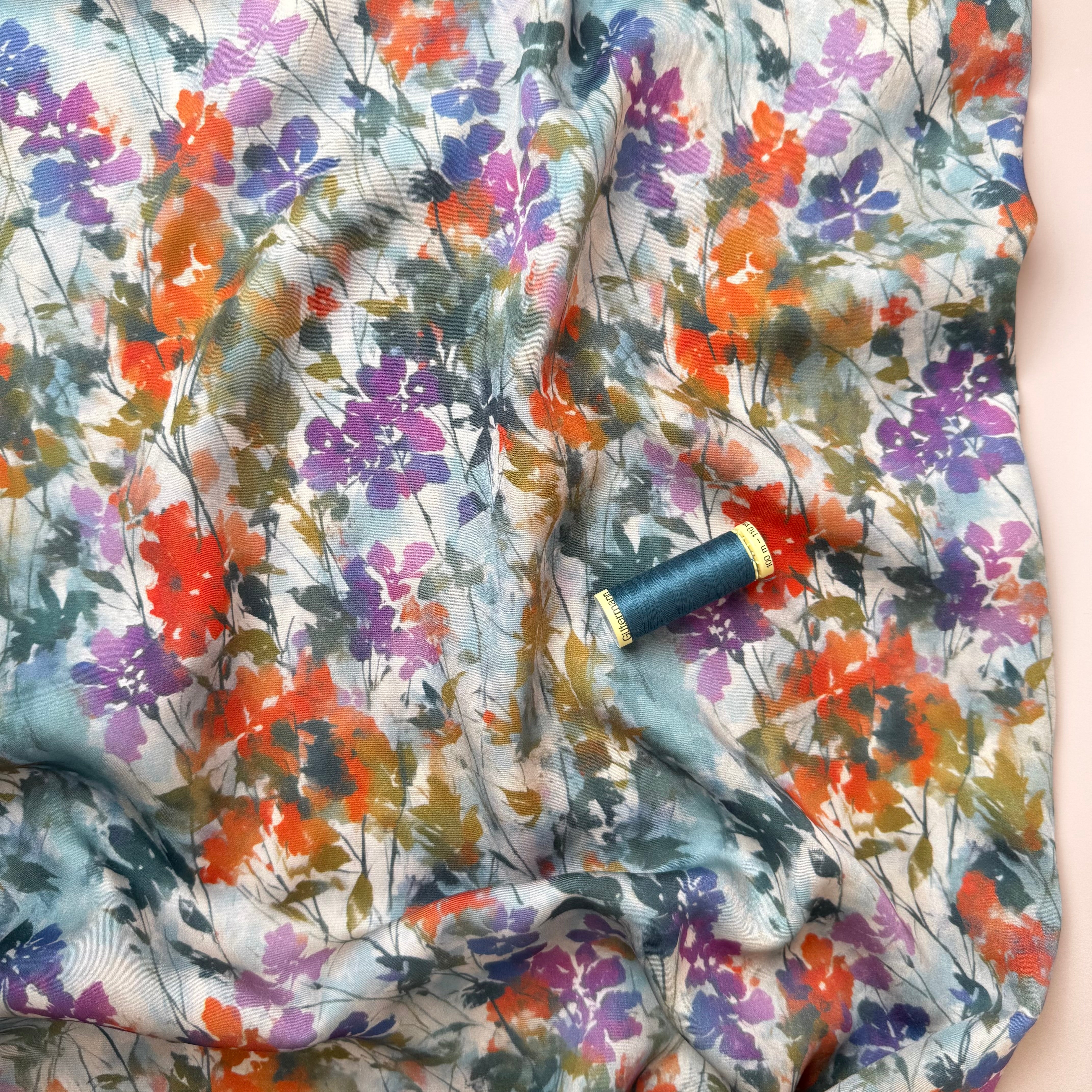 Hazy Autumn Flowers Viscose Sateen Fabric