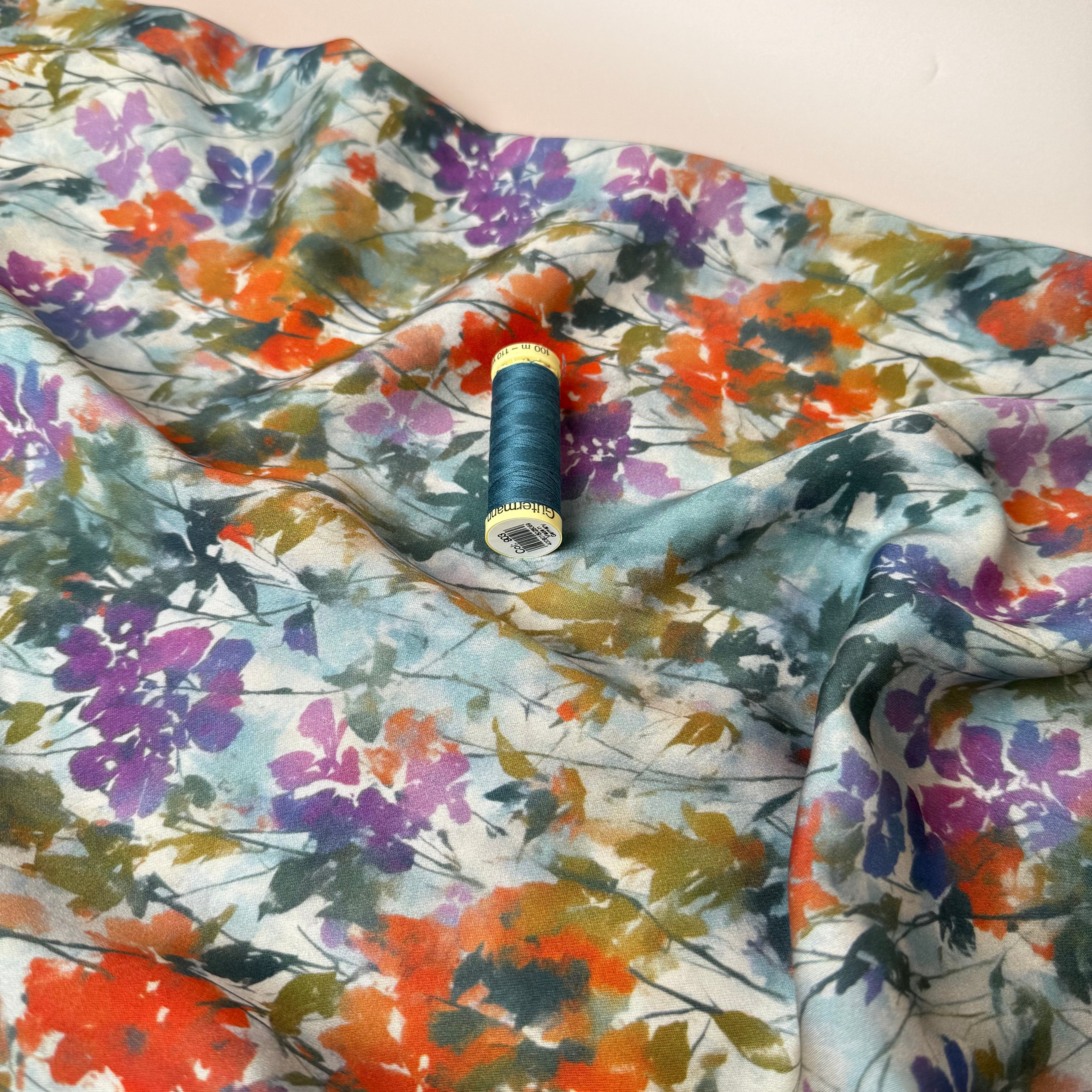 Hazy Autumn Flowers Viscose Sateen Fabric