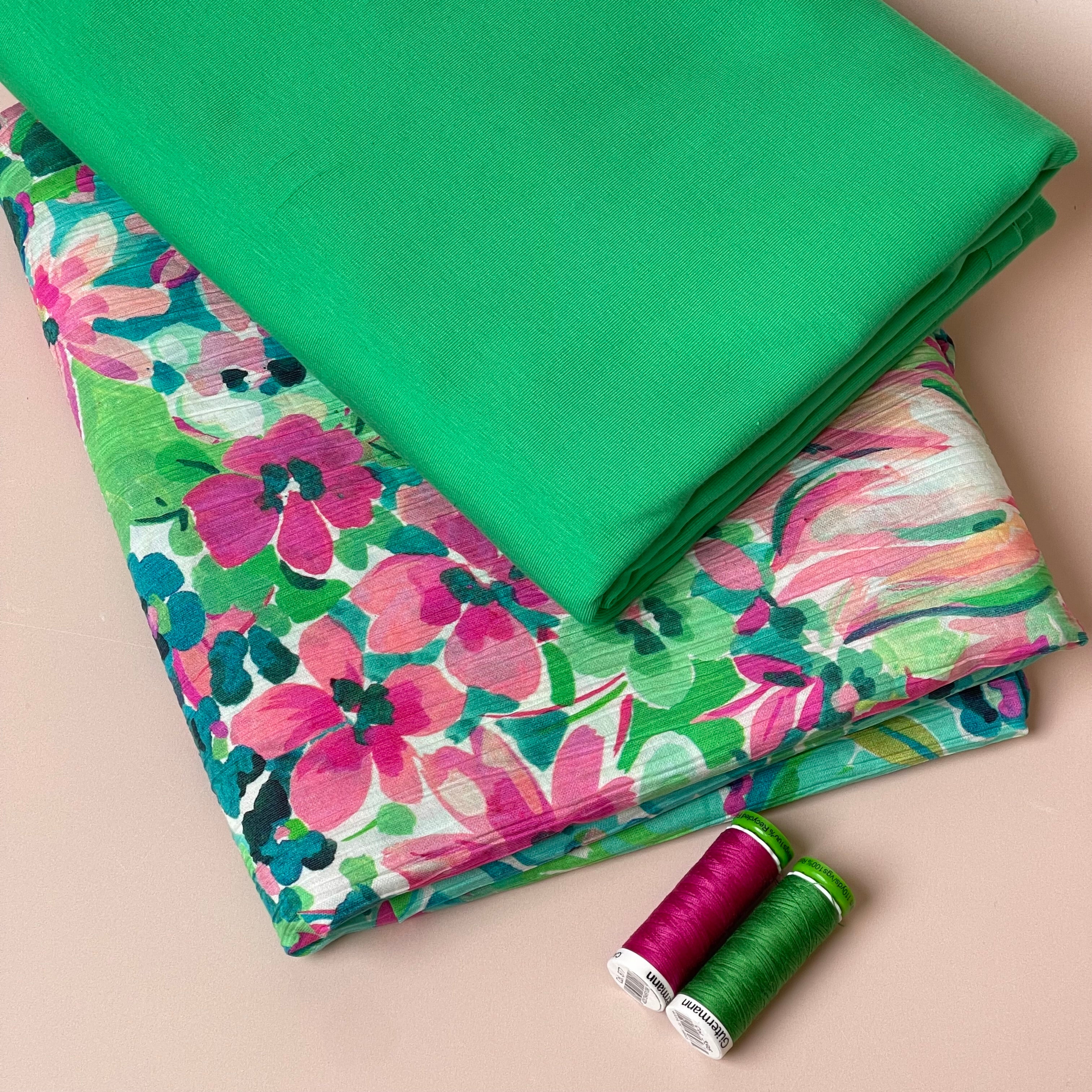 Make an Outfit Colour Bundle - Watercolour Blooms Green Viscose & Green Cotton Jersey