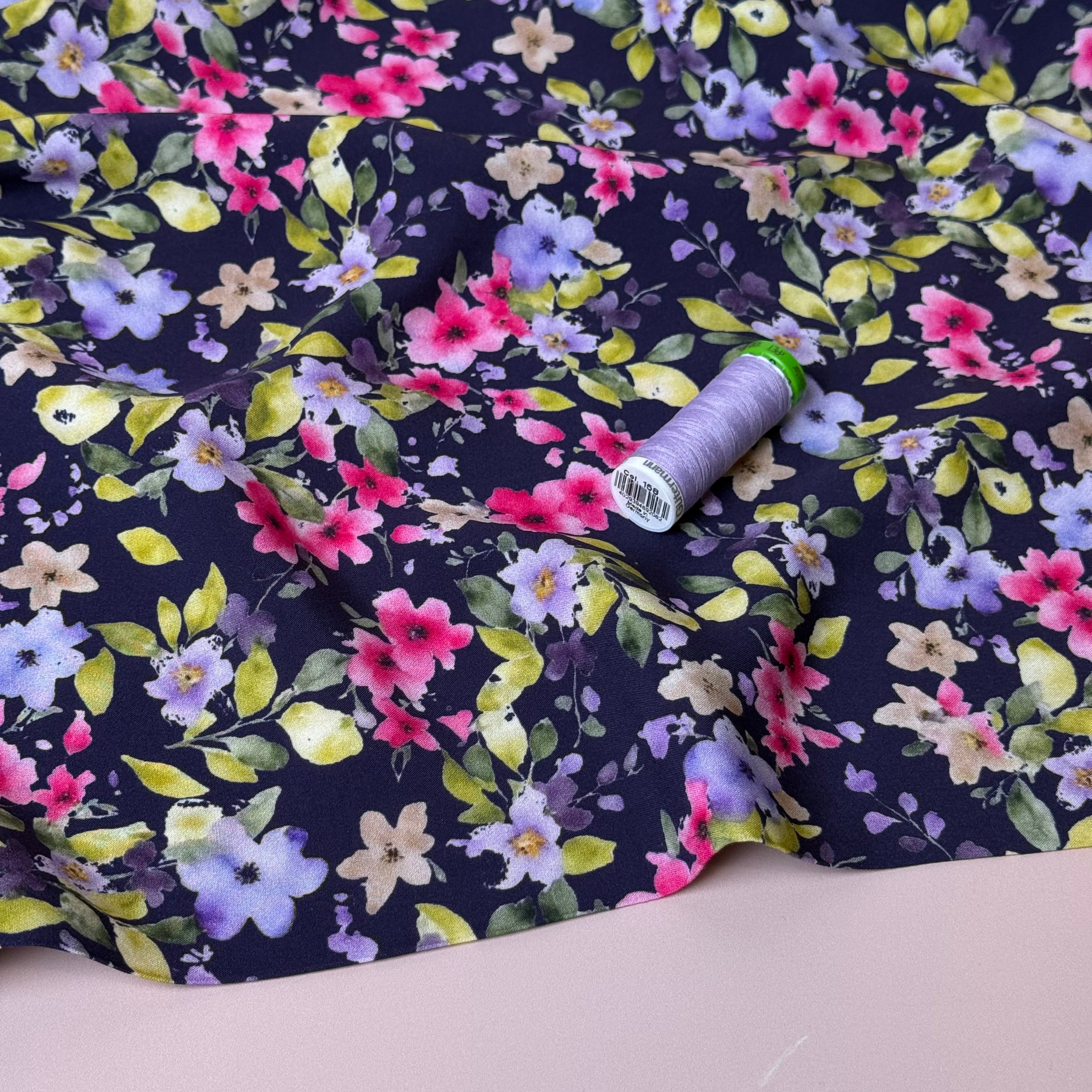 Navy Spring Blooms Viscose Fabric