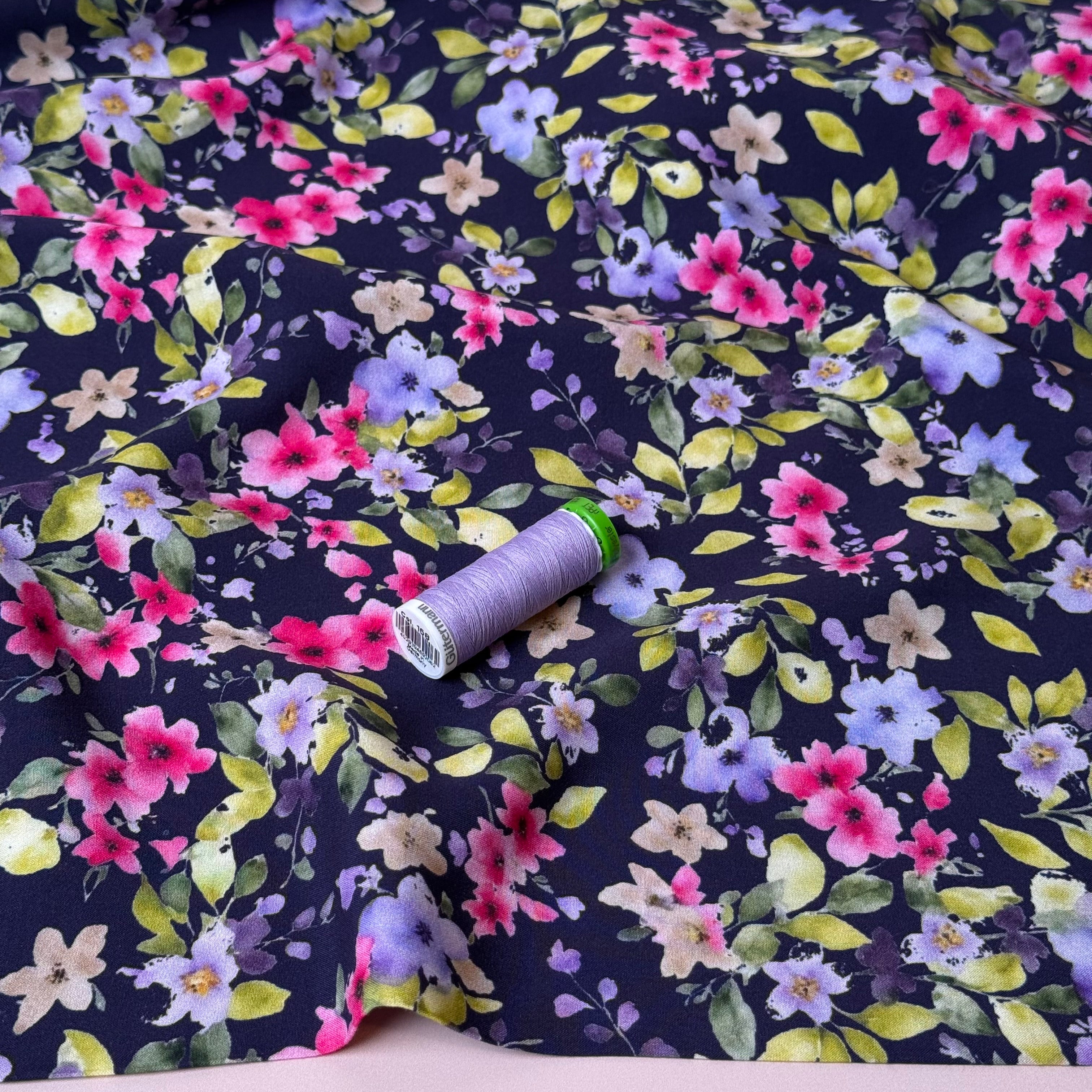 Navy Spring Blooms Viscose Fabric