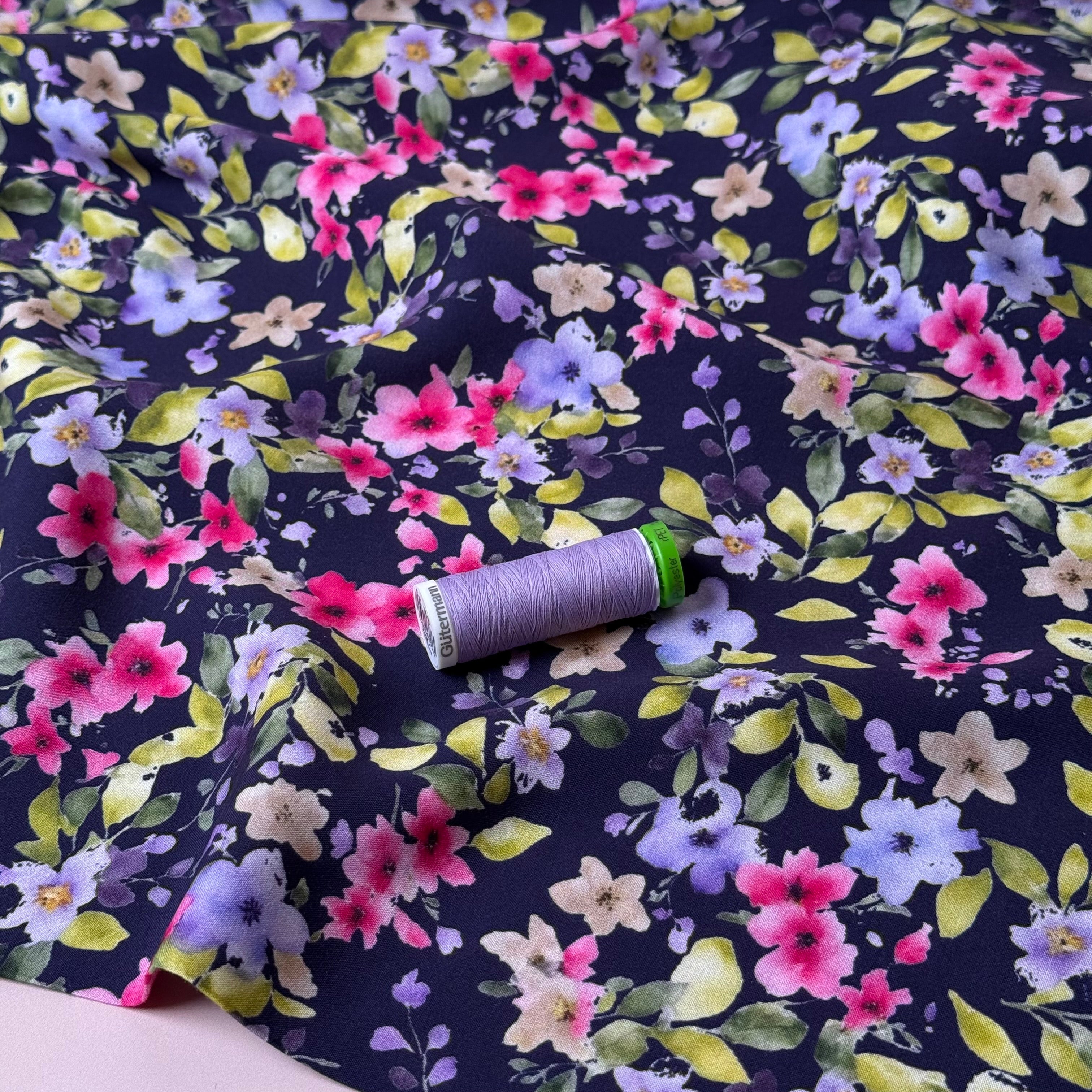 Navy Spring Blooms Viscose Fabric