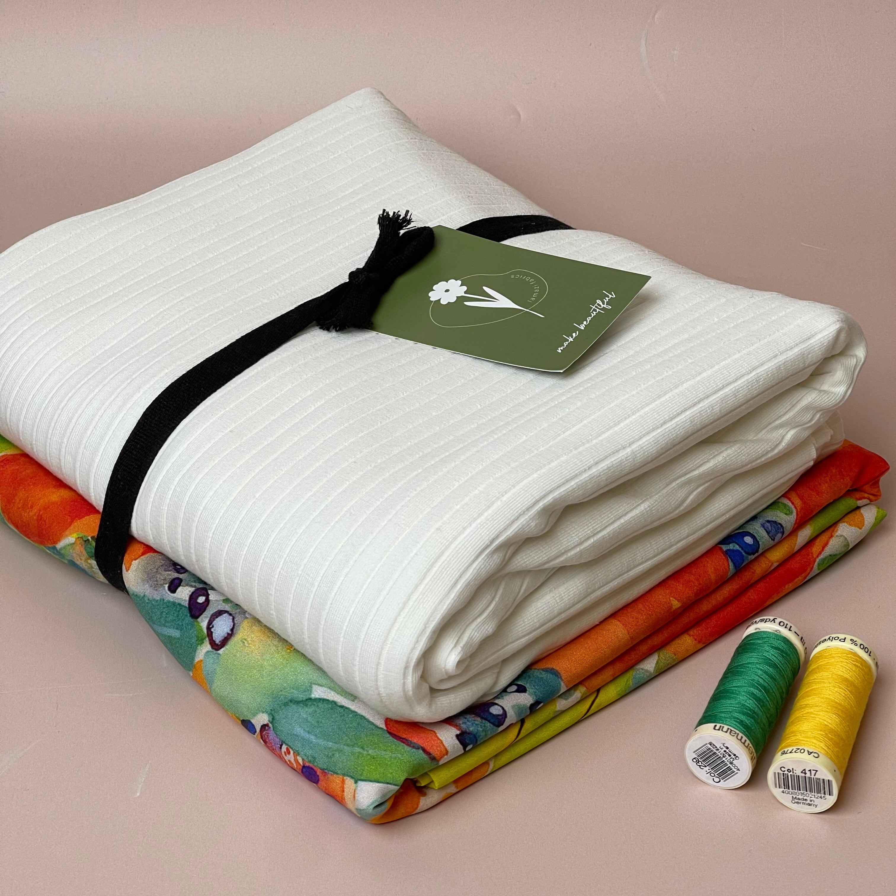 Make an Outfit Colour Bundle - Vibrant Watercolour Flowers Viscose & White Ribbed Jersey