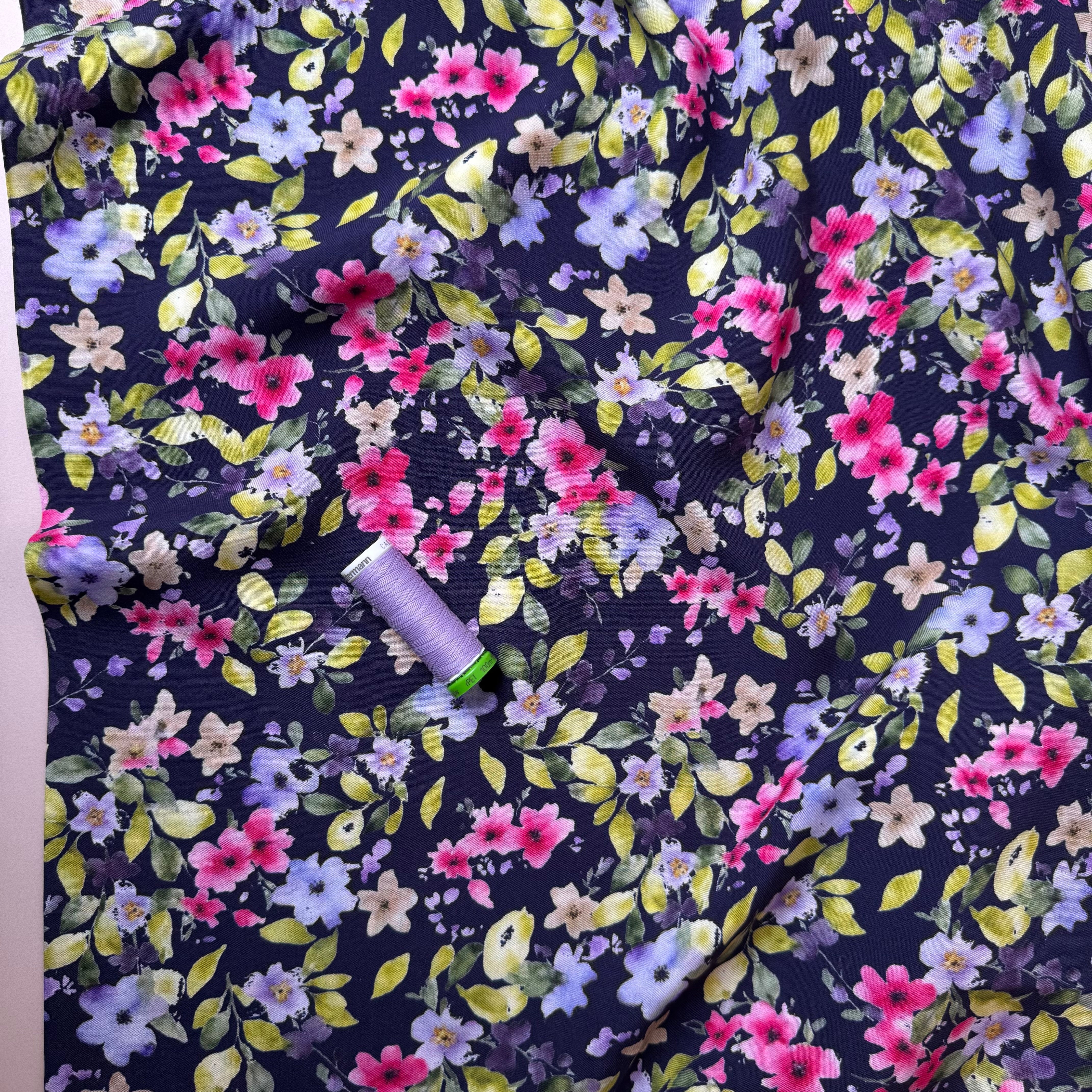 Navy Spring Blooms Viscose Fabric