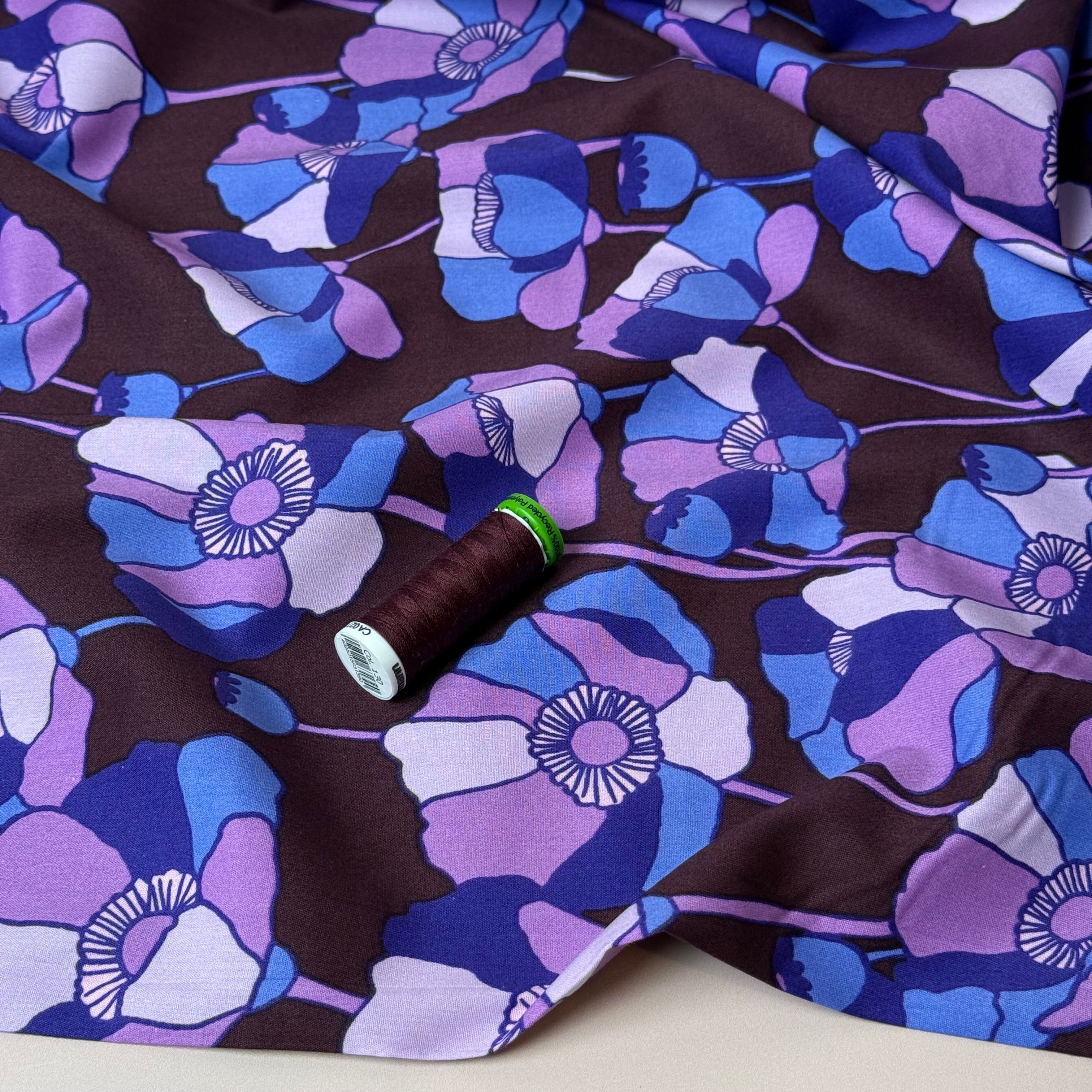 Graphic Purple Poppies Viscose Cotton Fabric