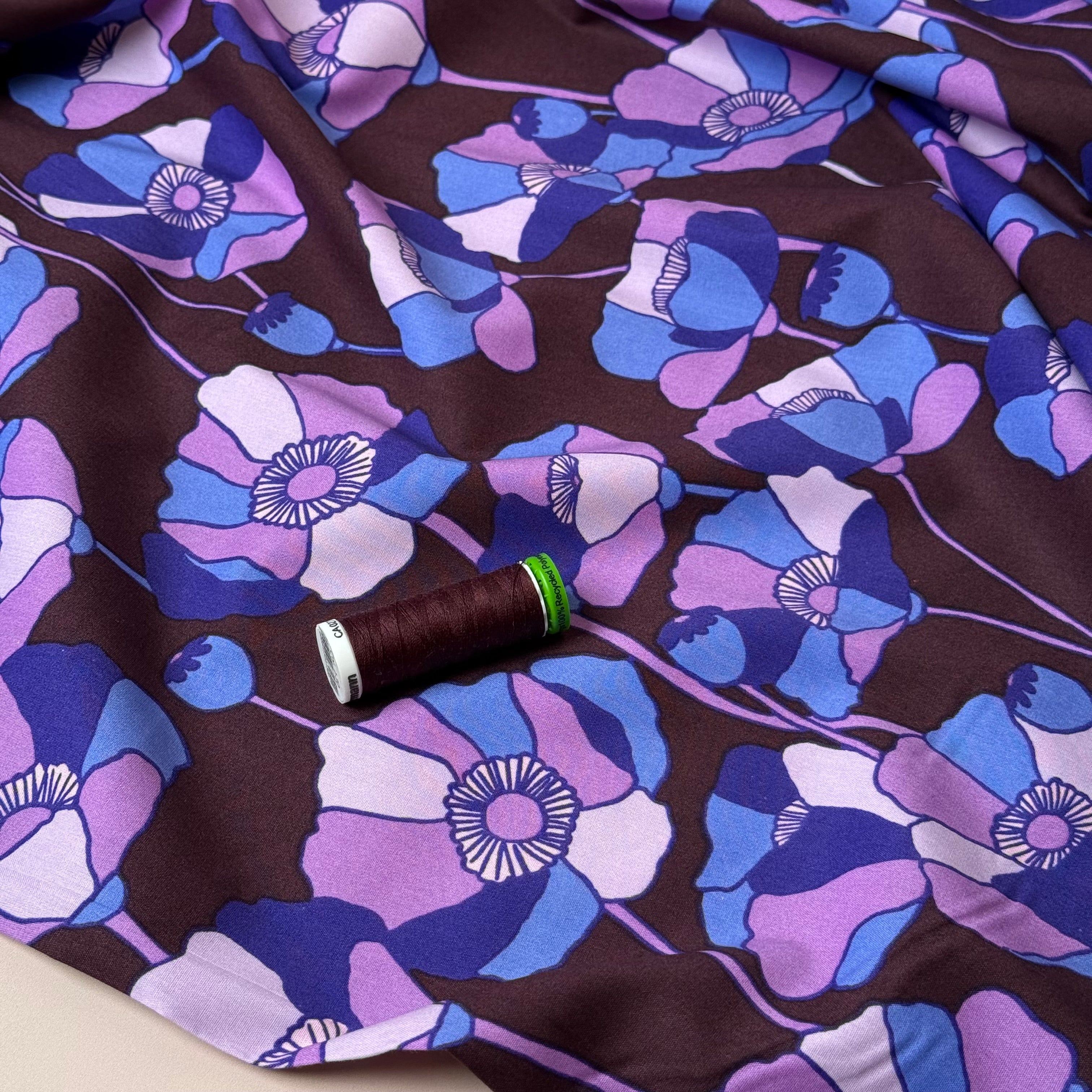 Graphic Purple Poppies Viscose Cotton Fabric