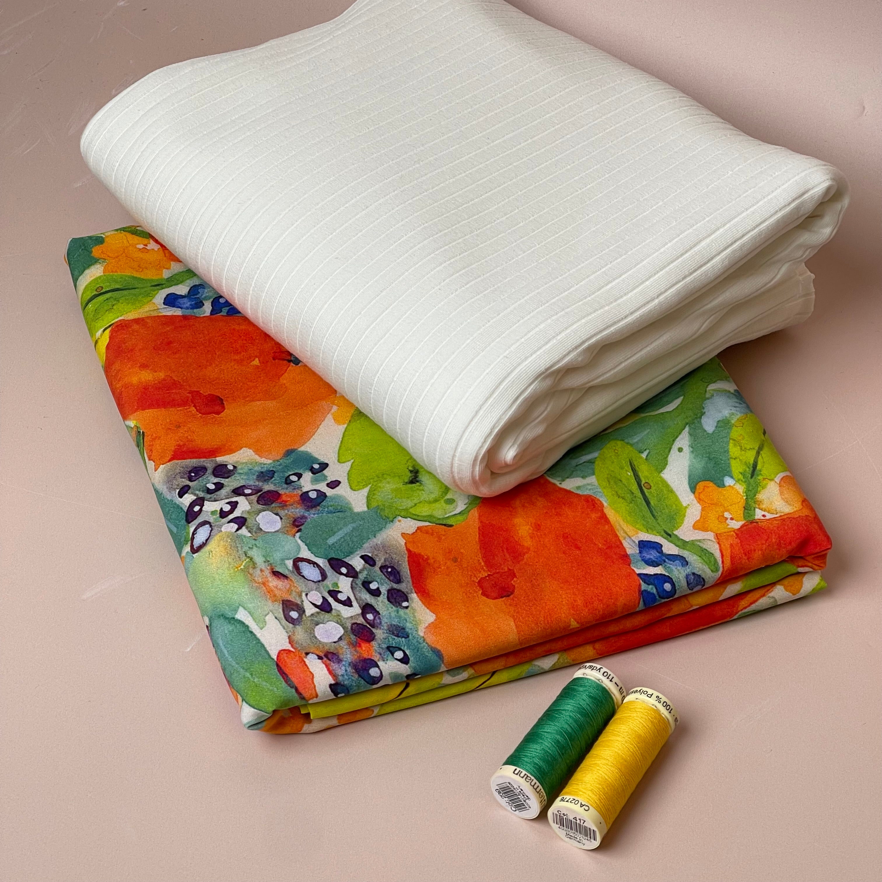 Make an Outfit Colour Bundle - Vibrant Watercolour Flowers Viscose & White Ribbed Jersey
