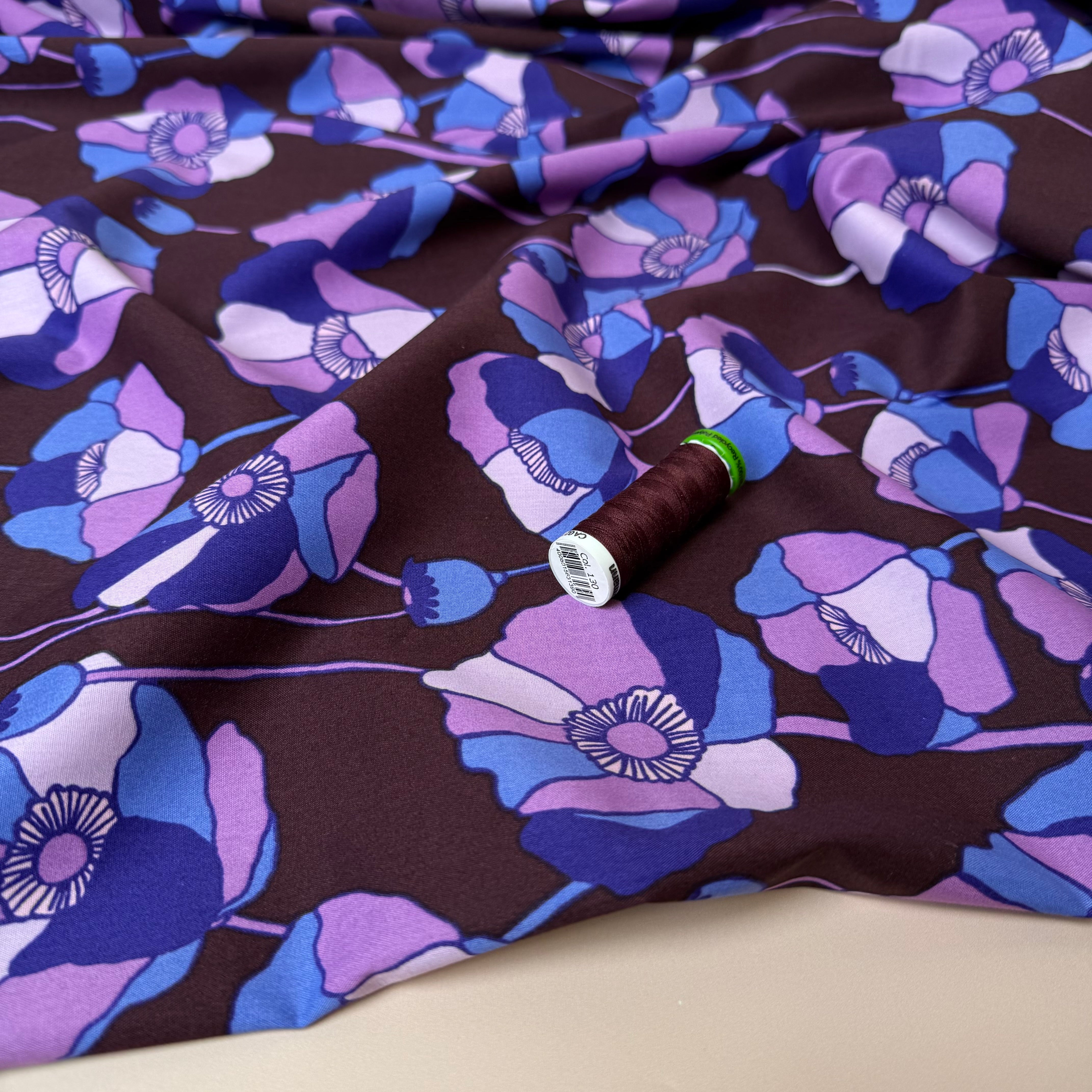 Graphic Purple Poppies Viscose Cotton Fabric