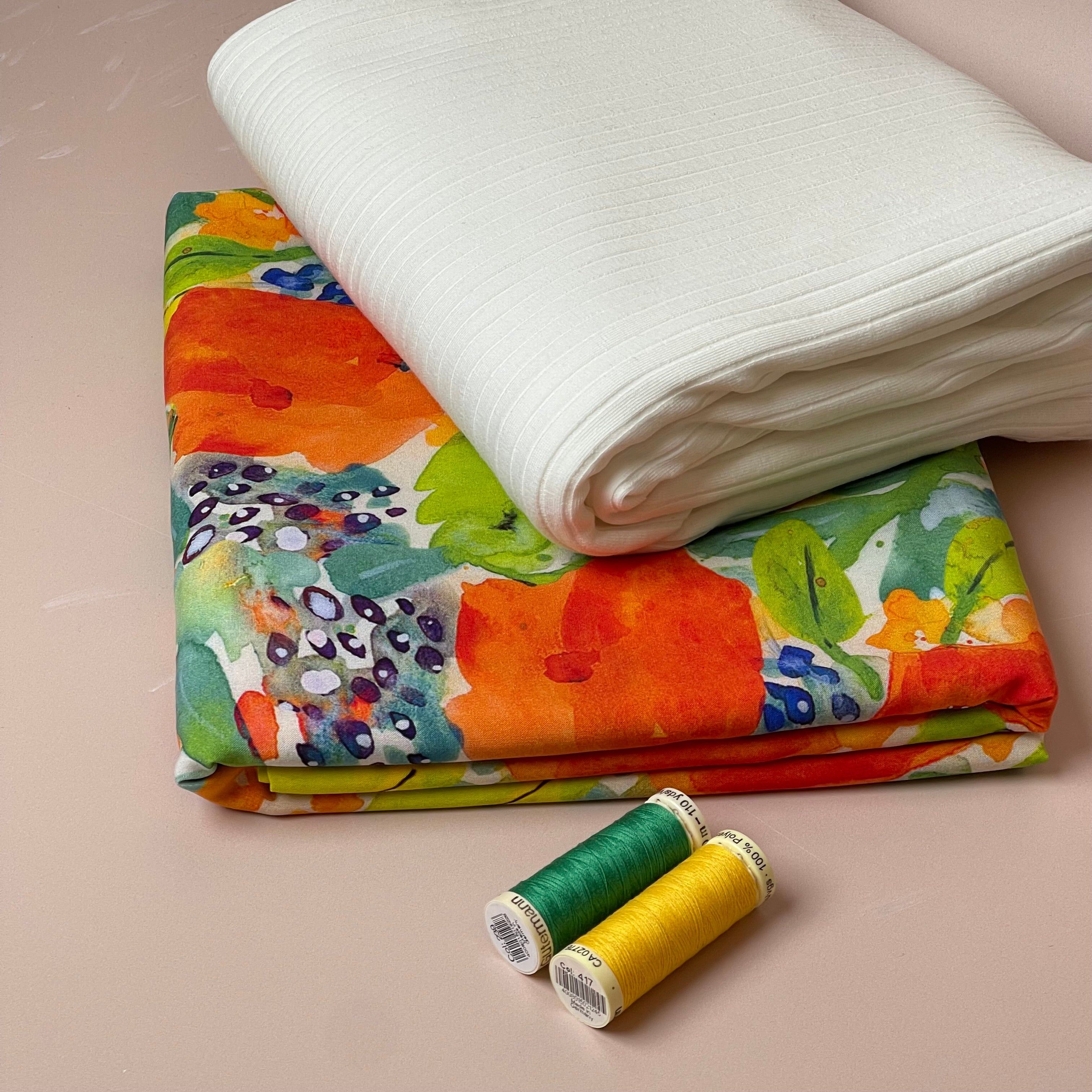 Make an Outfit Colour Bundle - Vibrant Watercolour Flowers Viscose & White Ribbed Jersey