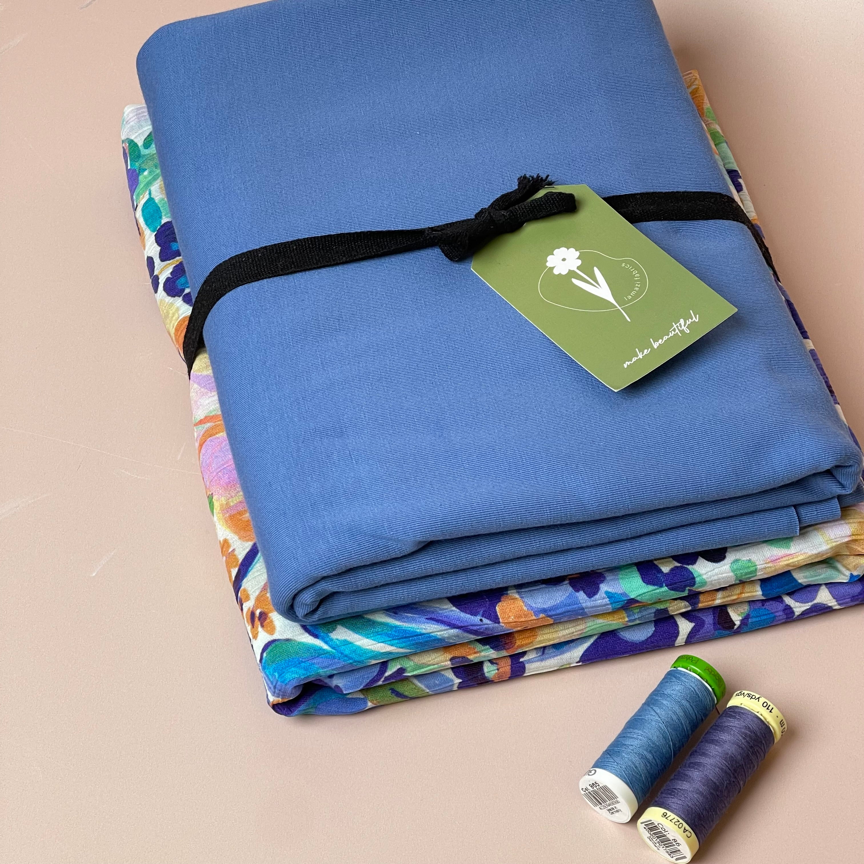 Make an Outfit Colour Bundle - Watercolour Blooms Blue Viscose & Blue Cotton Jersey