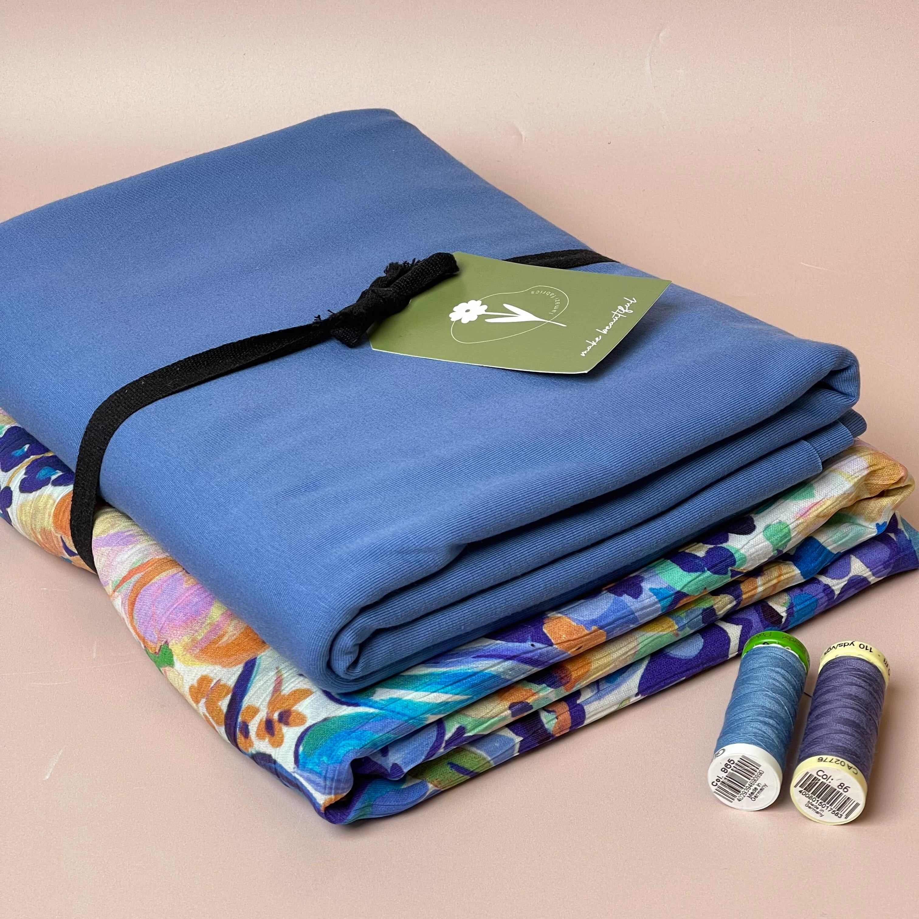 Make an Outfit Colour Bundle - Watercolour Blooms Blue Viscose & Blue Cotton Jersey