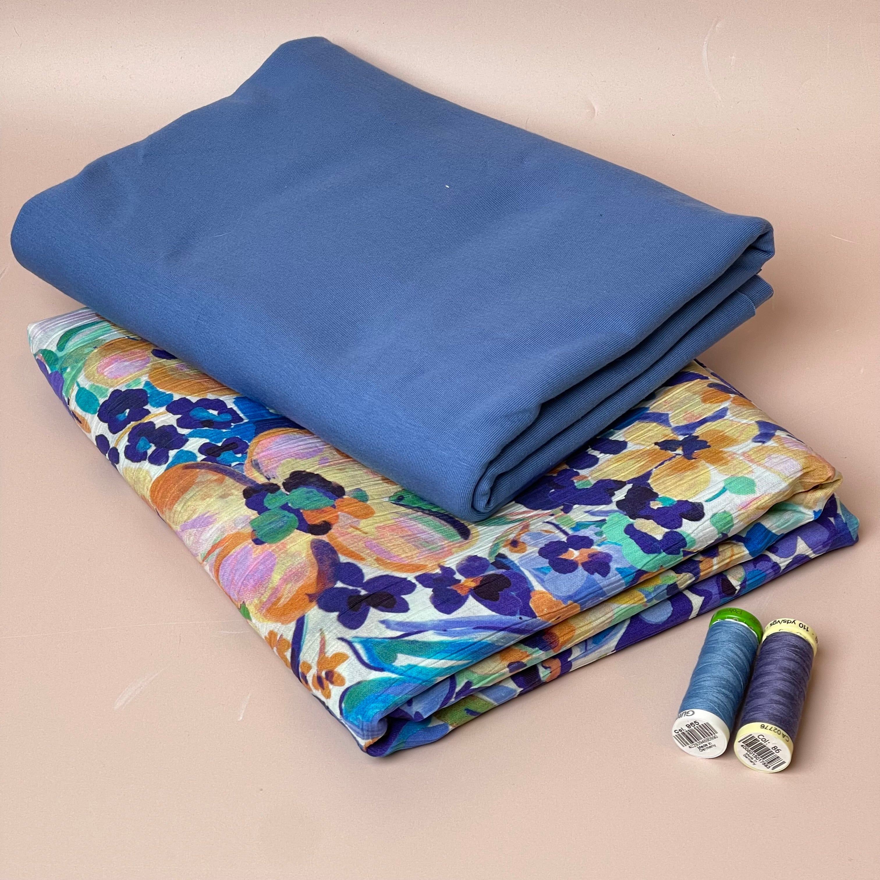 Make an Outfit Colour Bundle - Watercolour Blooms Blue Viscose & Blue Cotton Jersey