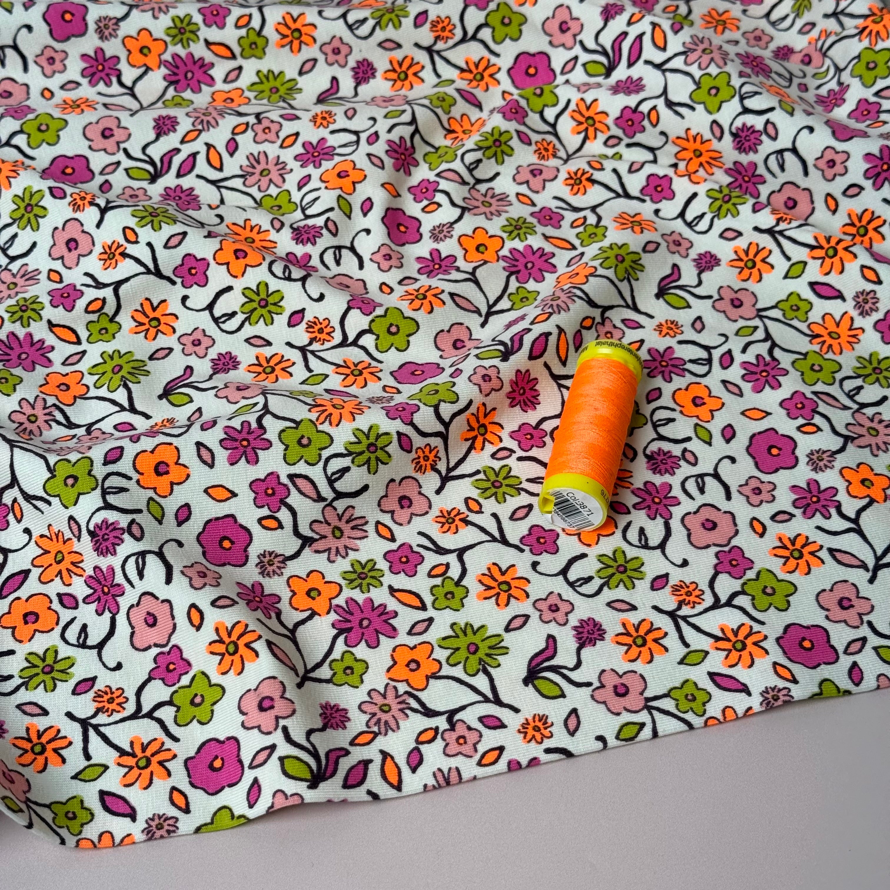 Neon Ditsy Florals Pink Cotton Jersey