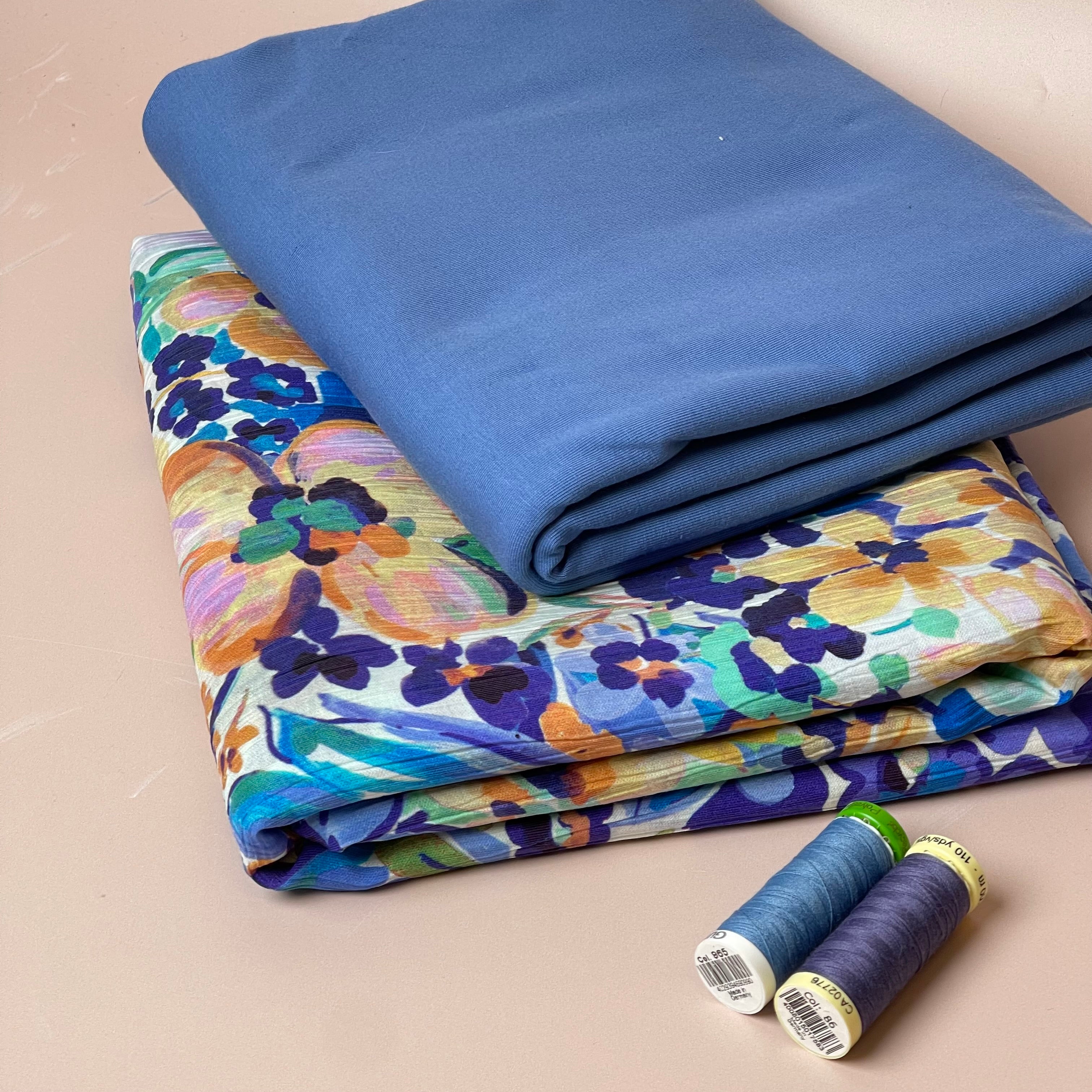 Make an Outfit Colour Bundle - Watercolour Blooms Blue Viscose & Blue Cotton Jersey