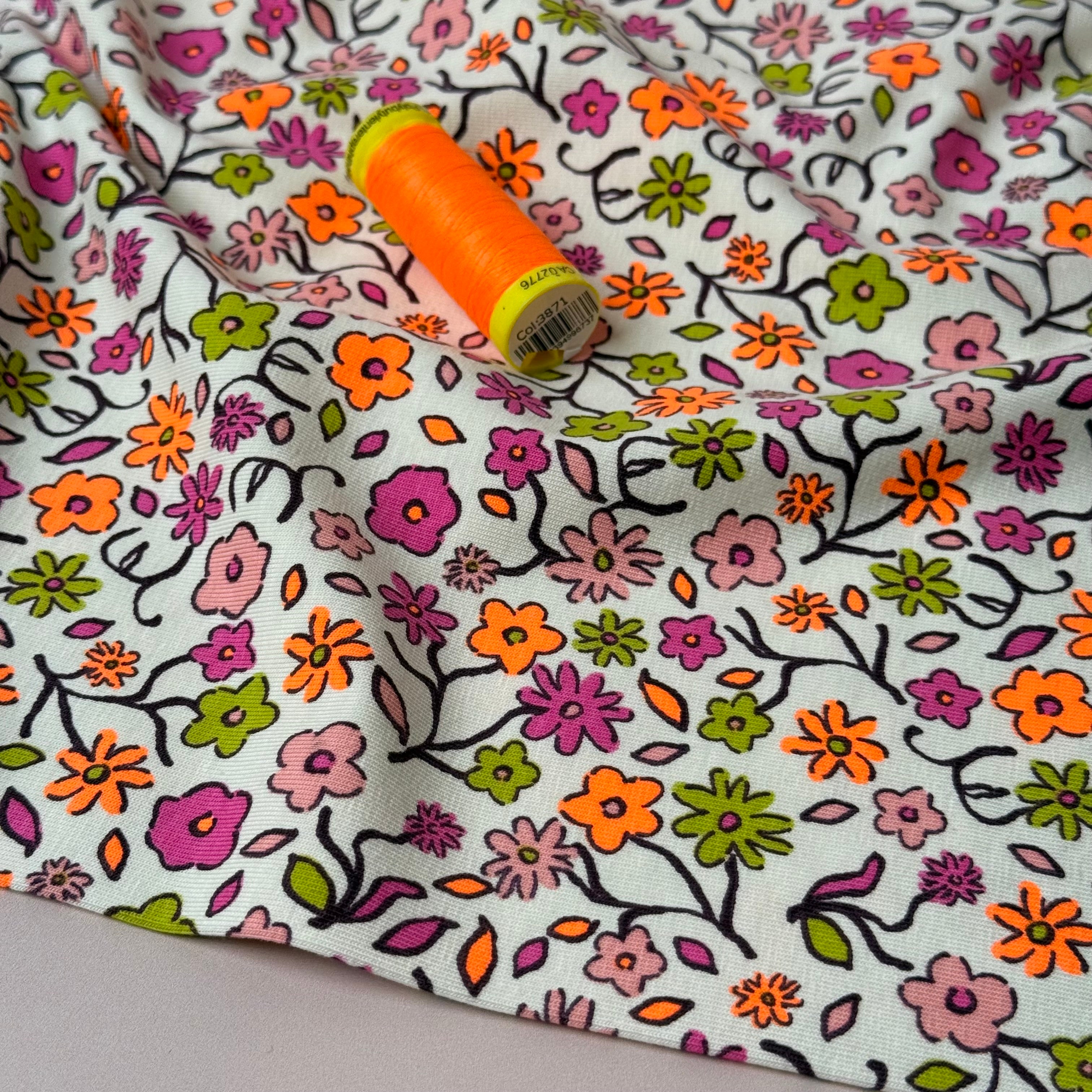 Neon Ditsy Florals Pink Cotton Jersey