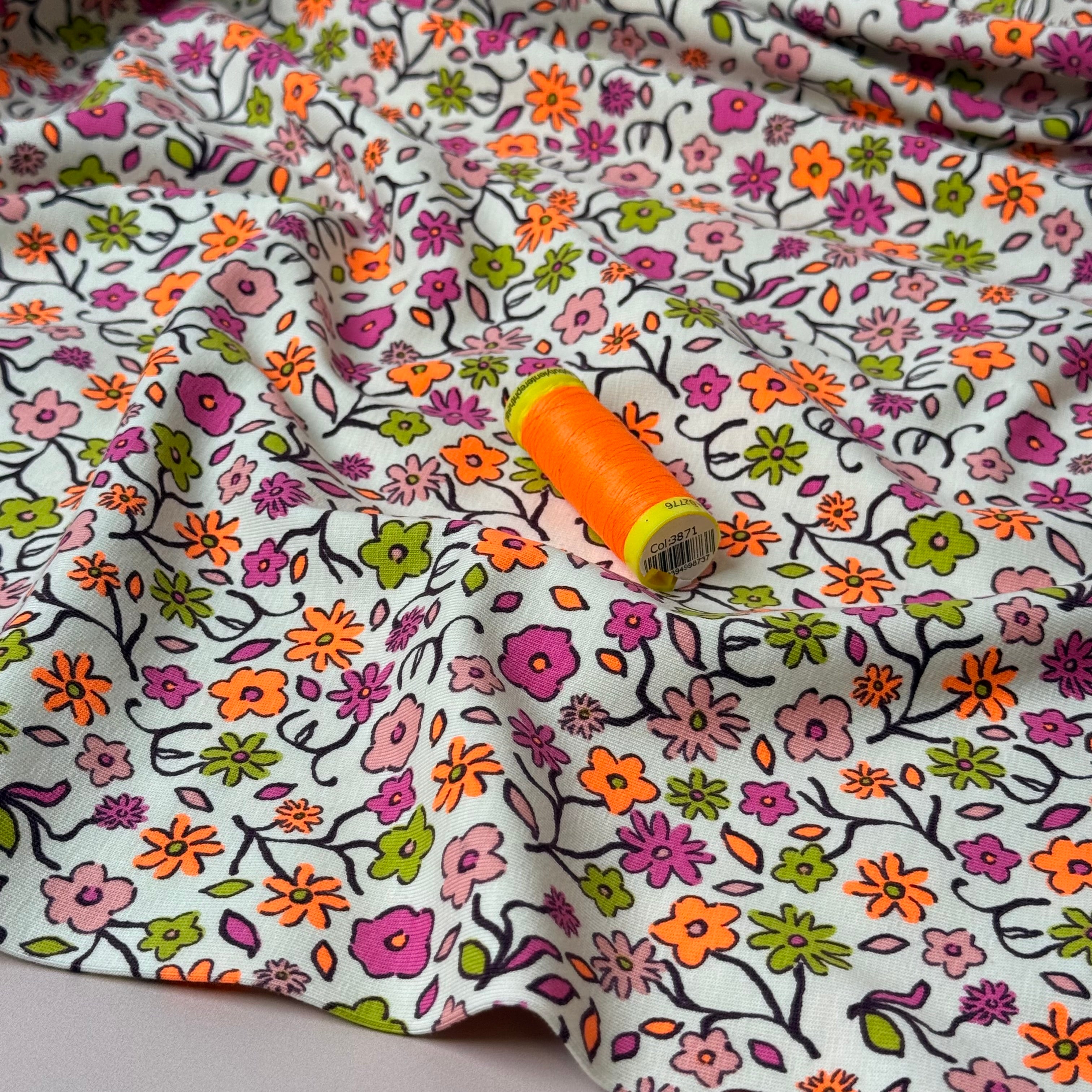 Neon Ditsy Florals Pink Cotton Jersey