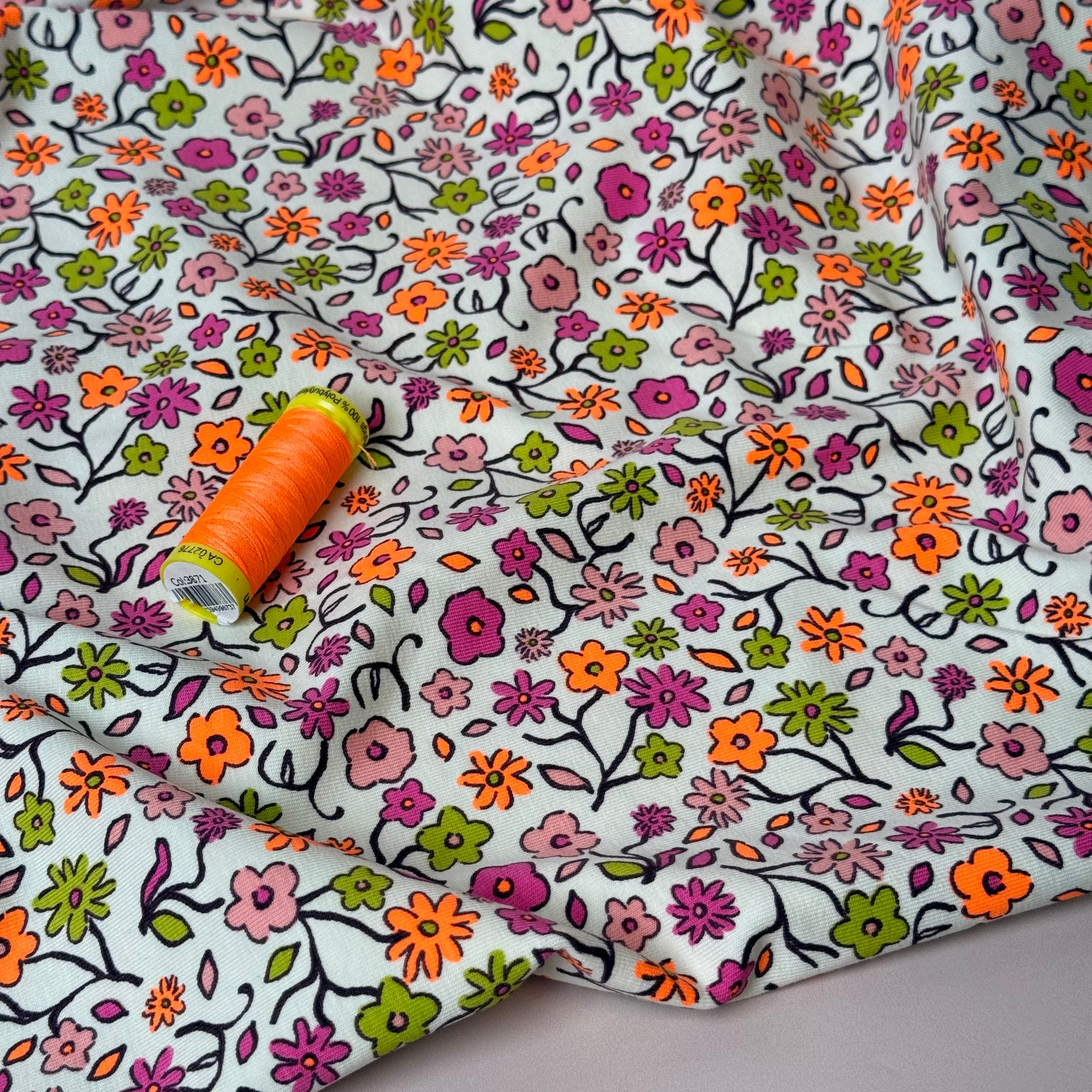 Neon Ditsy Florals Pink Cotton Jersey