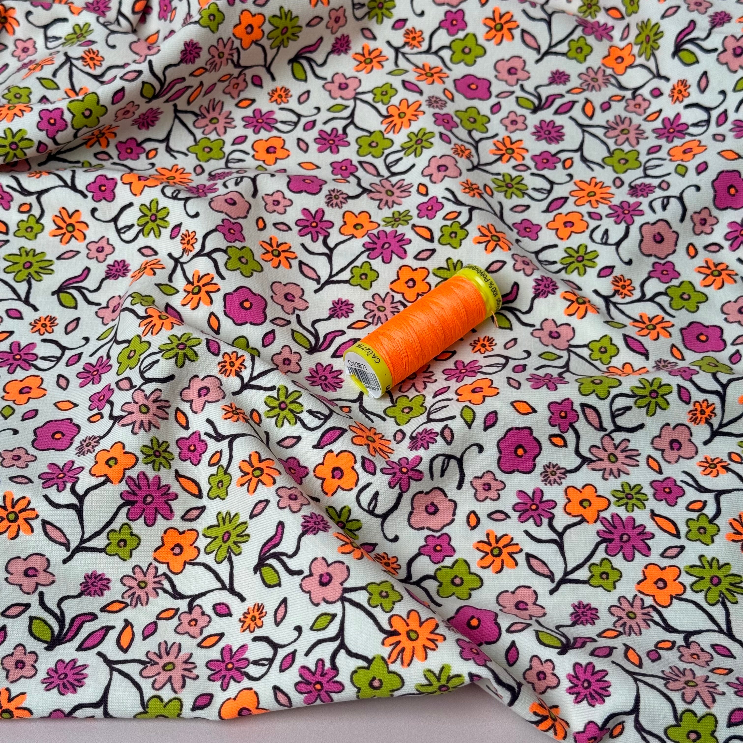 Neon Ditsy Florals Pink Cotton Jersey