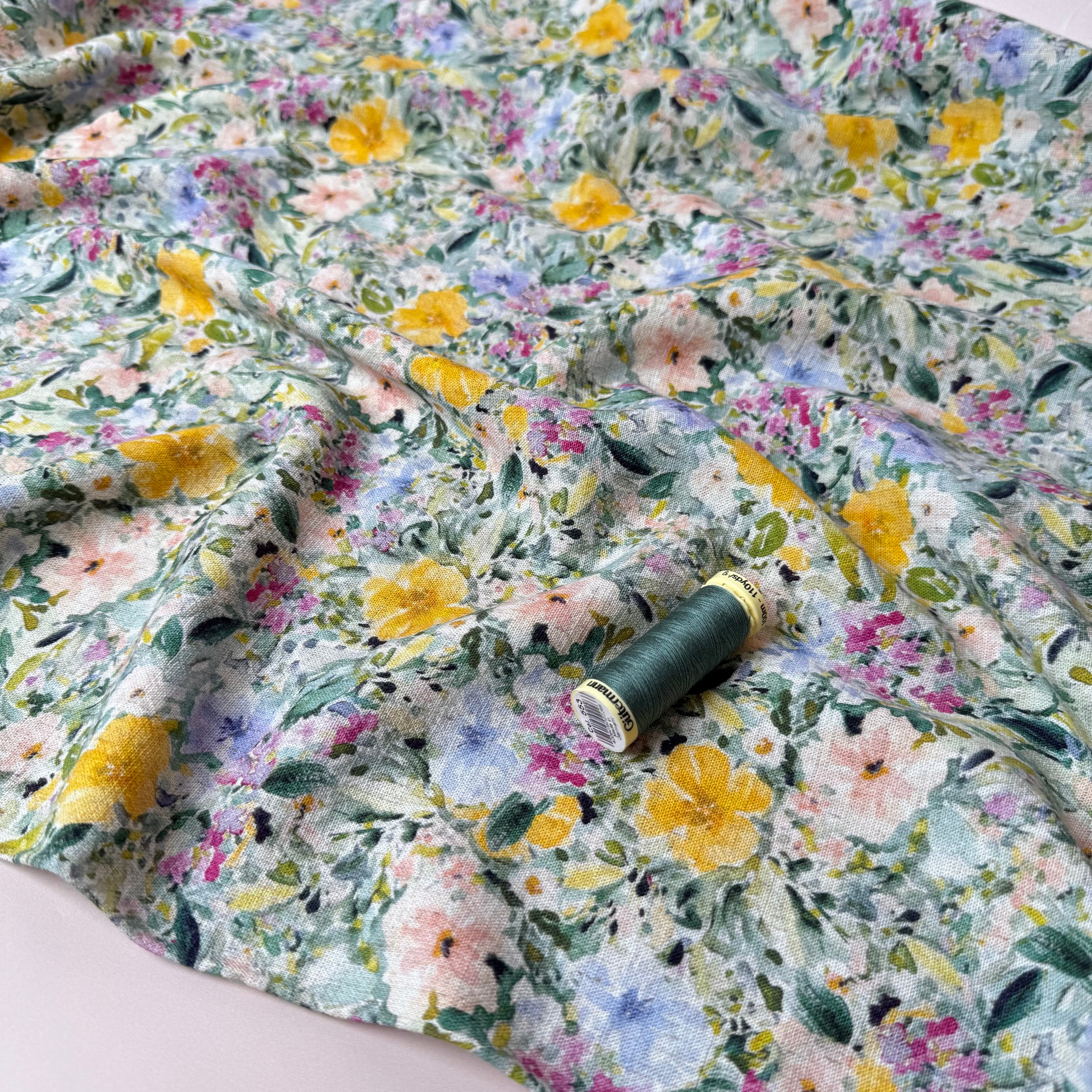 Green Spring Meadow Viscose Linen Crepe Fabric
